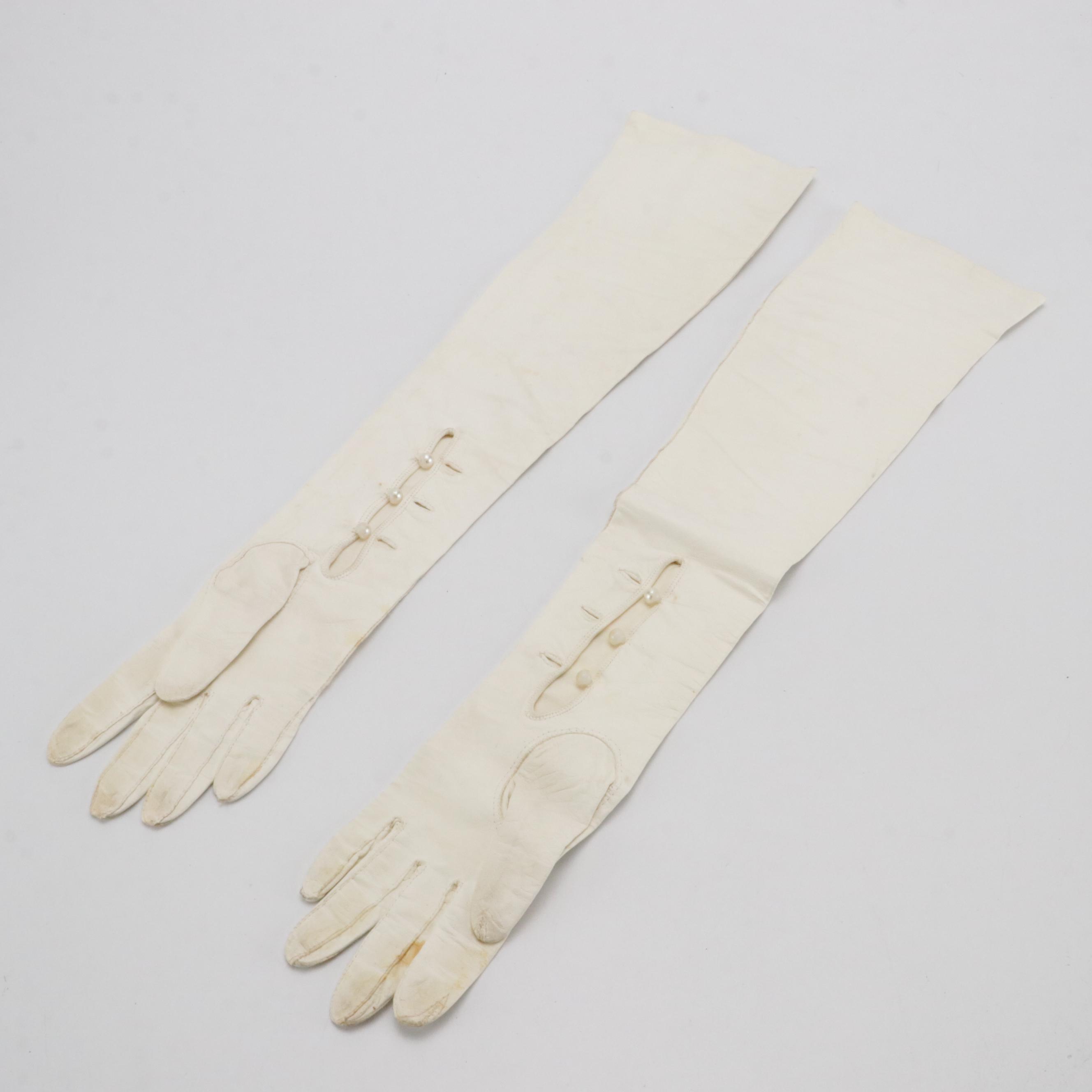 Lambskin Leather Opera-Length Gloves with Pearlized Beads, Mid-20th Century