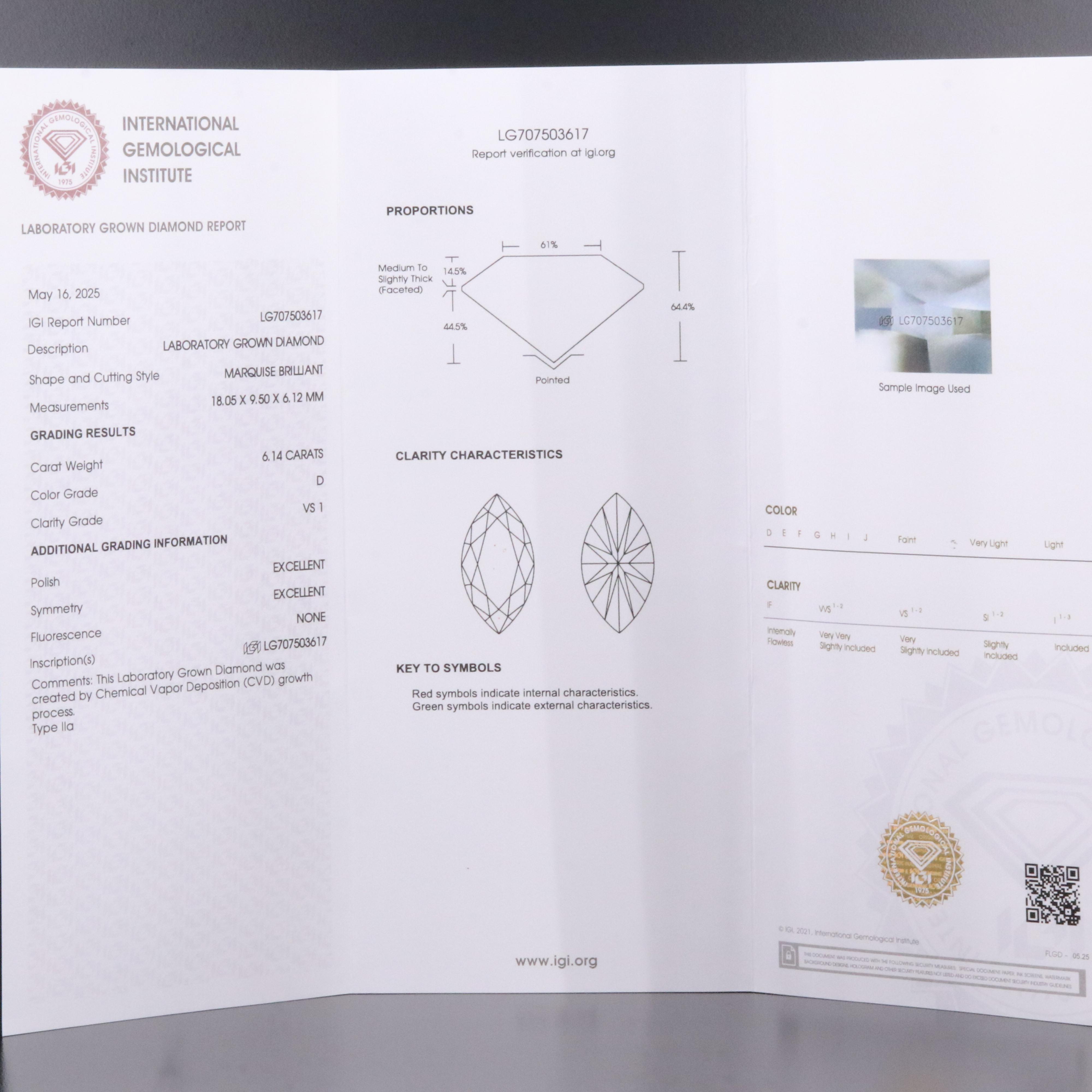 Loose 6.14 CT Lab Grown Diamond with IGI Report