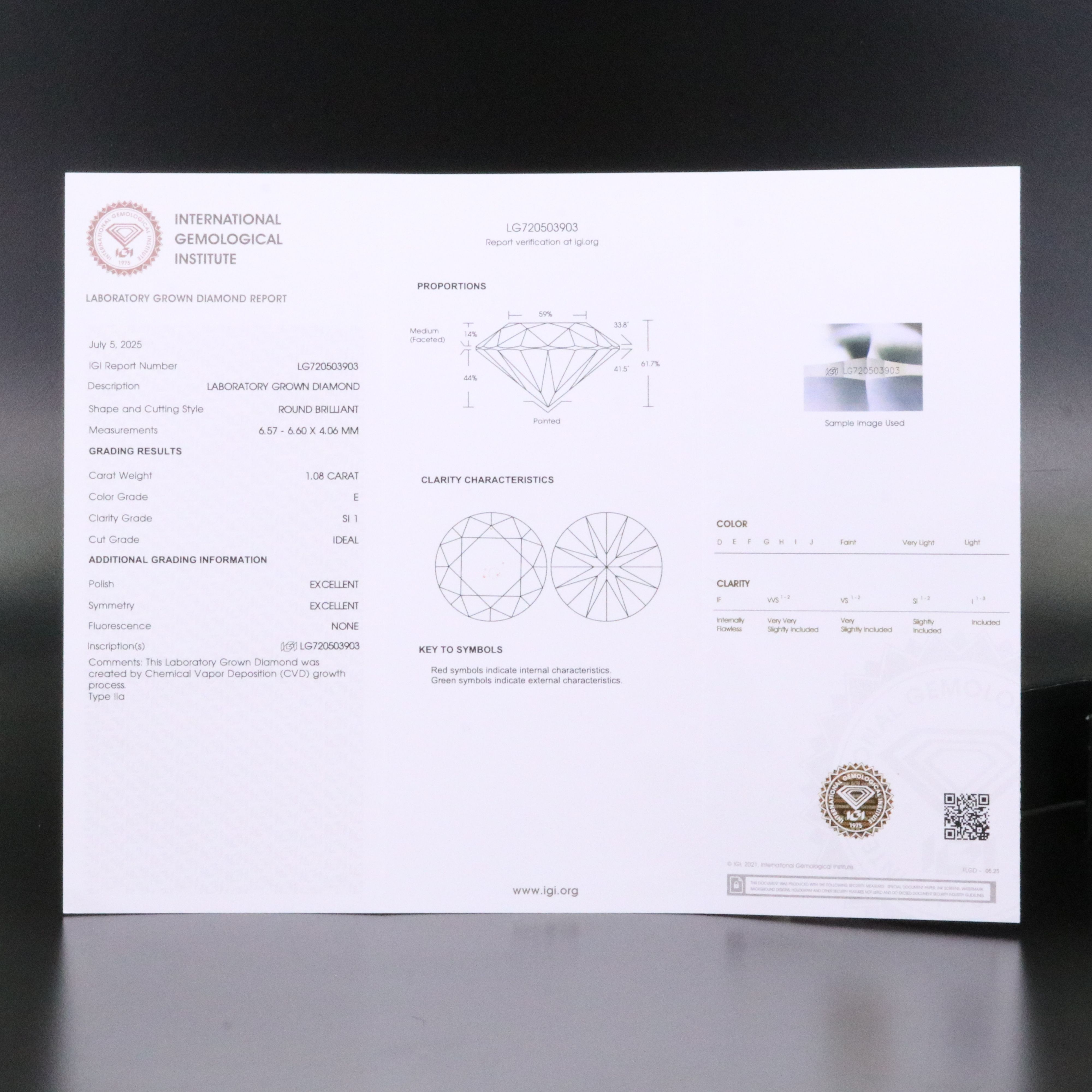 Loose 1.08 CT Lab Grown Diamond with IGI Report