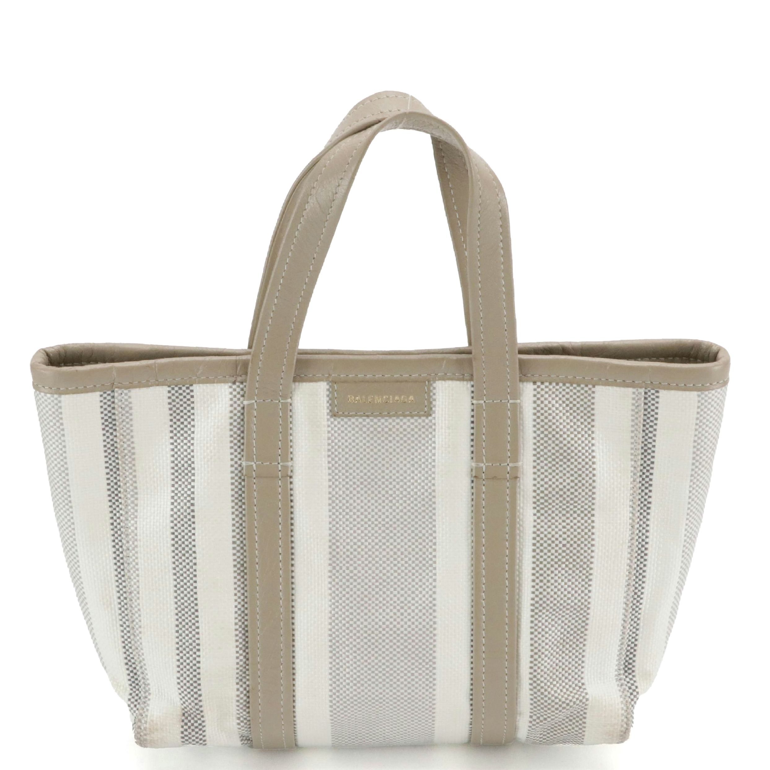 Balenciaga Small Barbes East-West Two Way Tote Bag in Shiny Striped Canvas
