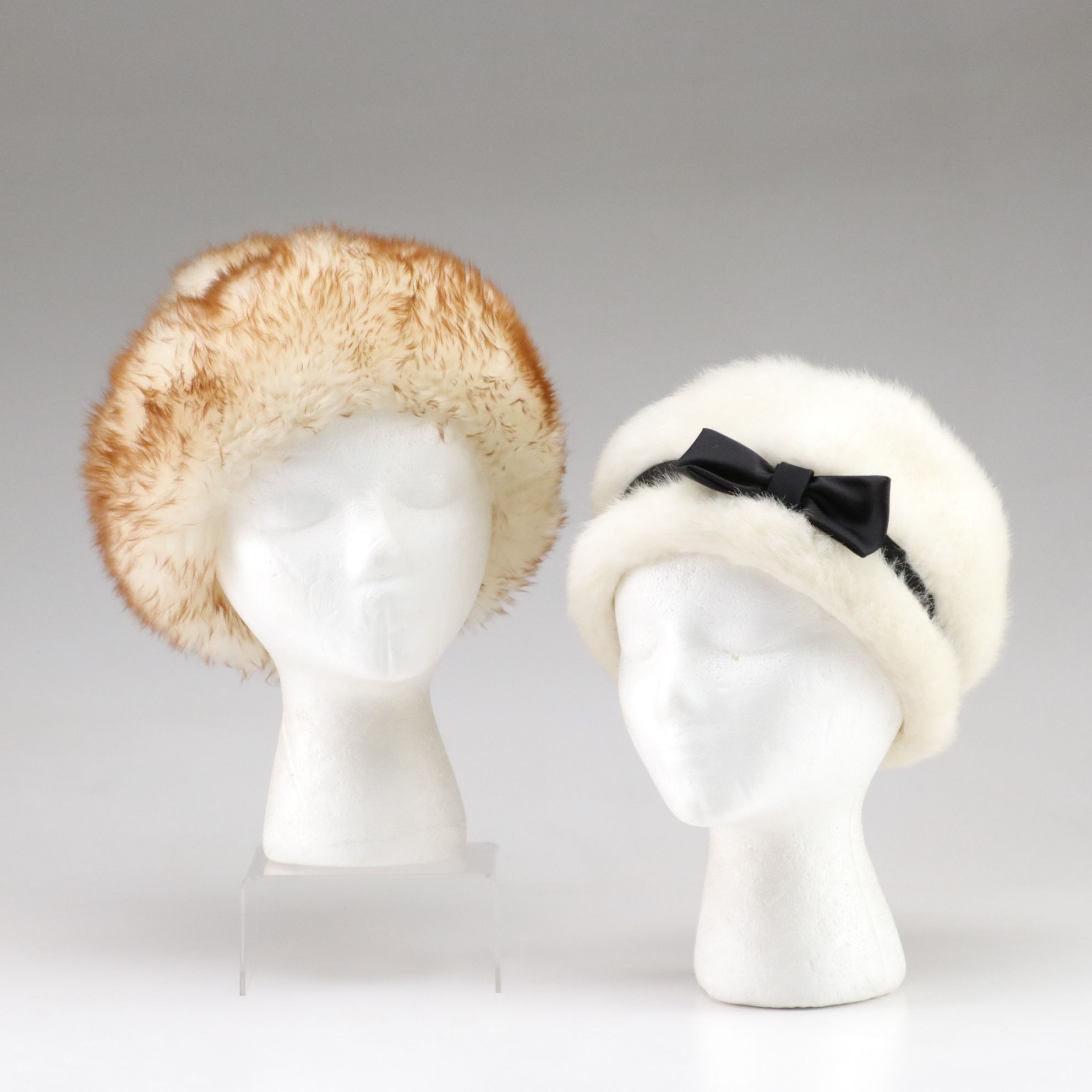 Mod Sheepskin Pom Hat and White Faux Mink Fur Cloche, Mid-20th C.