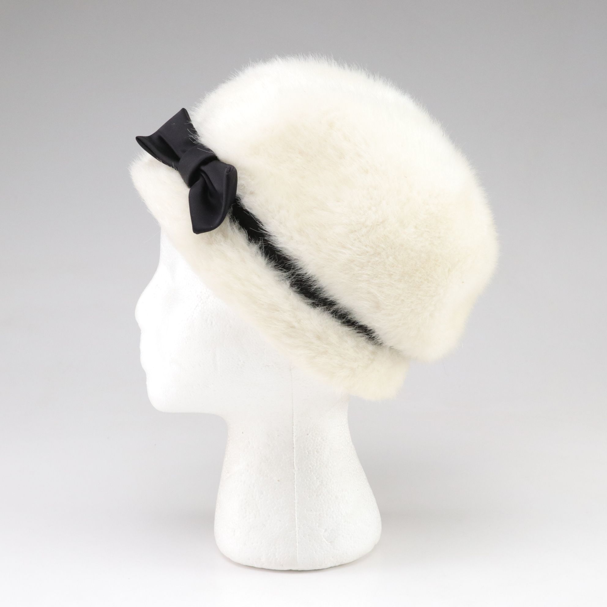 Mod Sheepskin Pom Hat and White Faux Mink Fur Cloche, Mid-20th C.