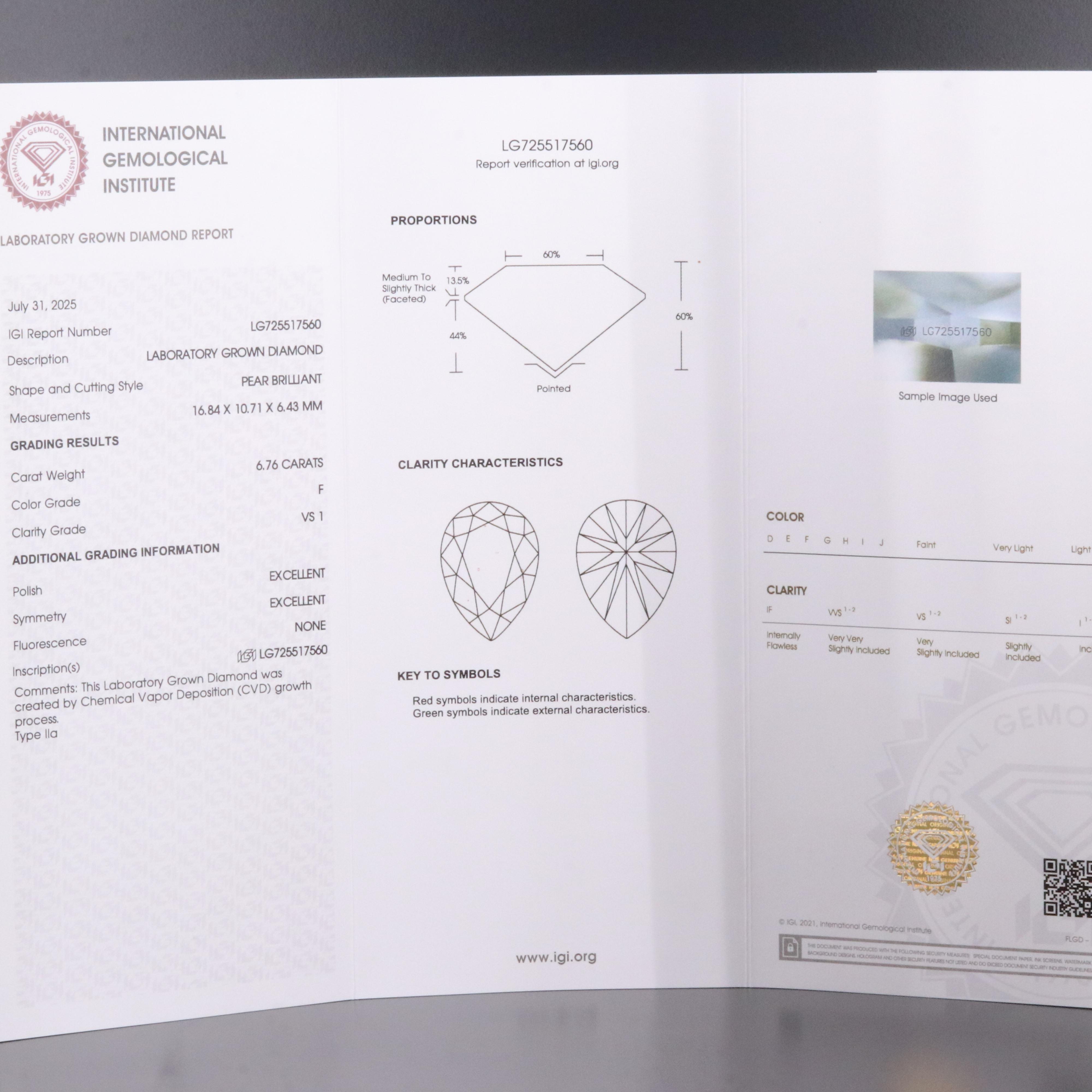 Loose 6.76 CT Lab Grown Diamond with IGI Report