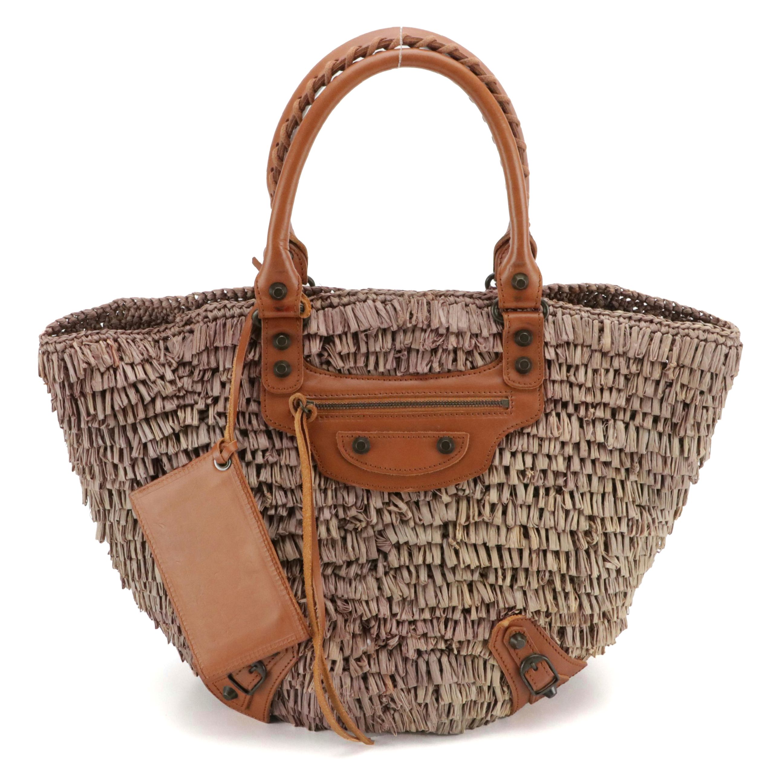Balenciaga Panier Basket Tote in Frayed Raffia and Caramel Brown Leather Trim