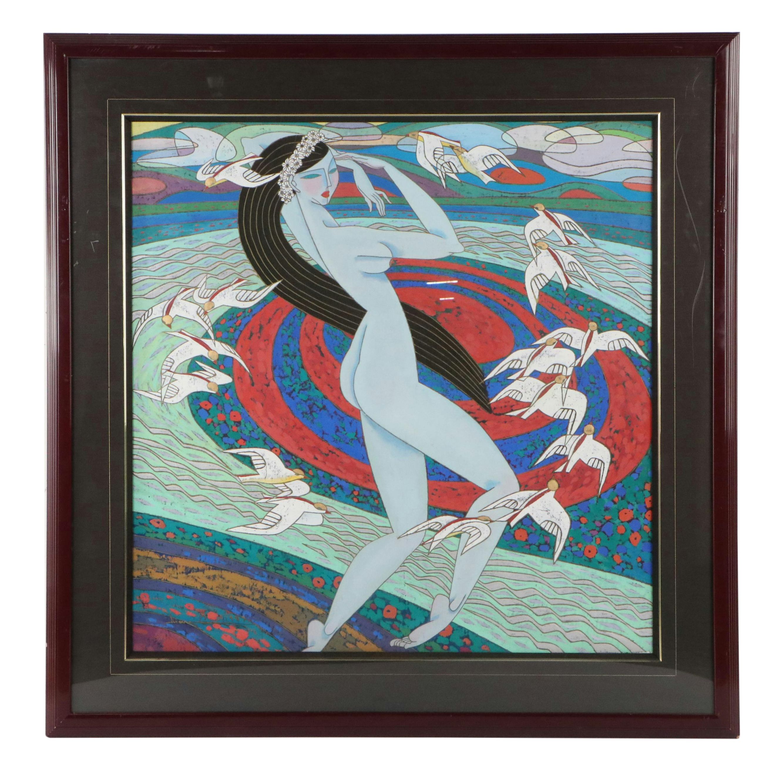 Xiang Qong Figural Gouache Painting "Lady with Birds," 1989