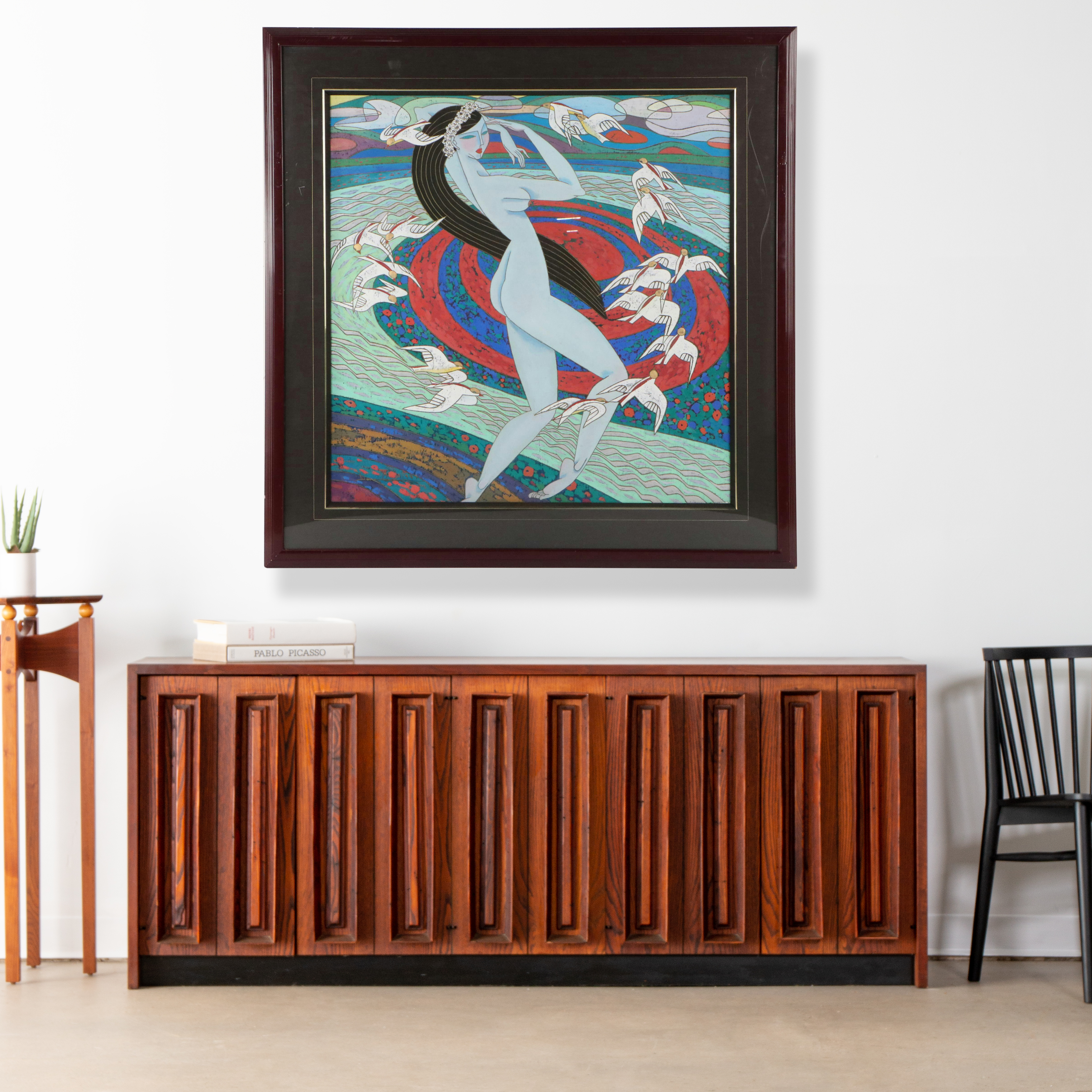 Xiang Qong Figural Gouache Painting "Lady with Birds," 1989