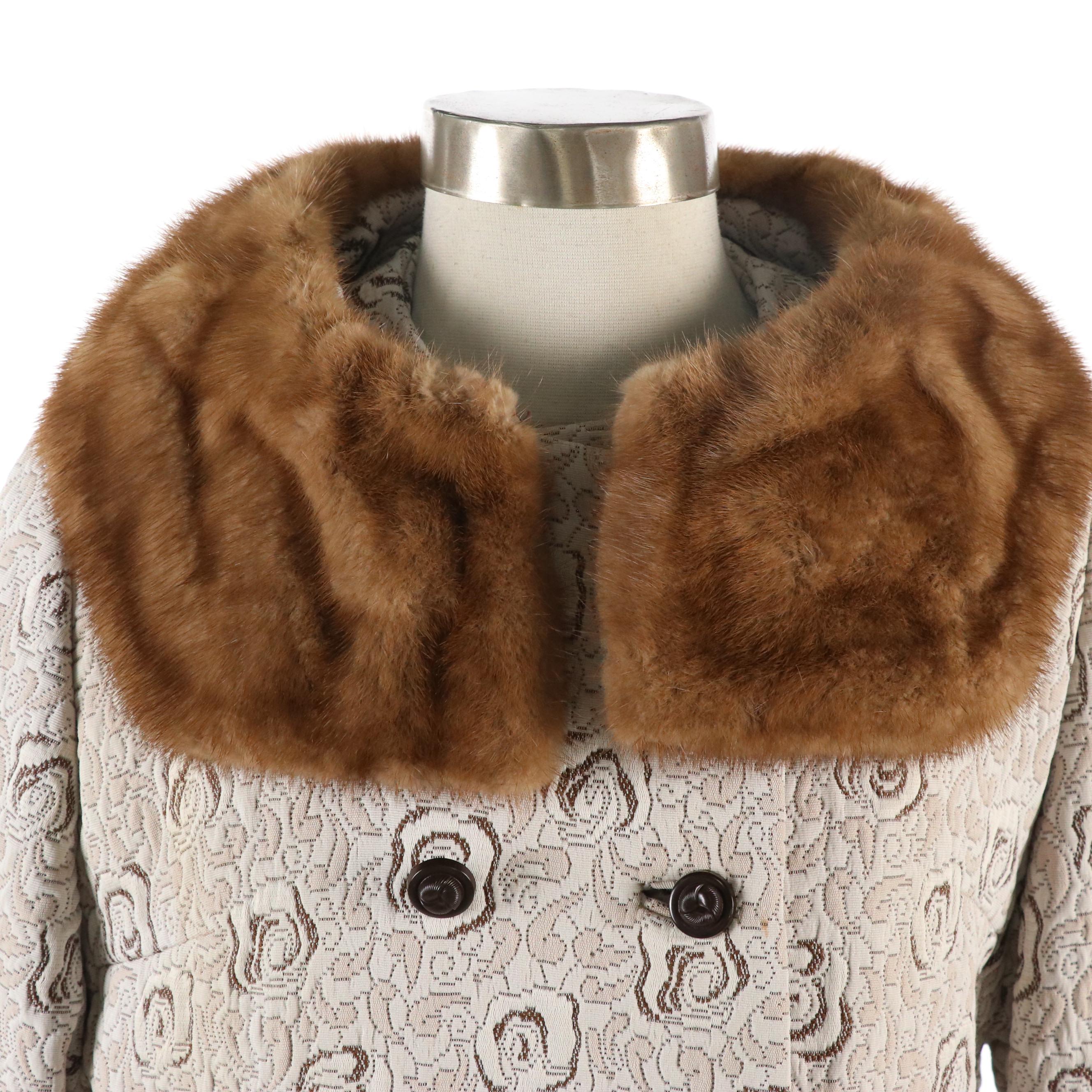 McKelvey's Vintage Floral Textured Coat with Mink Fur Collar