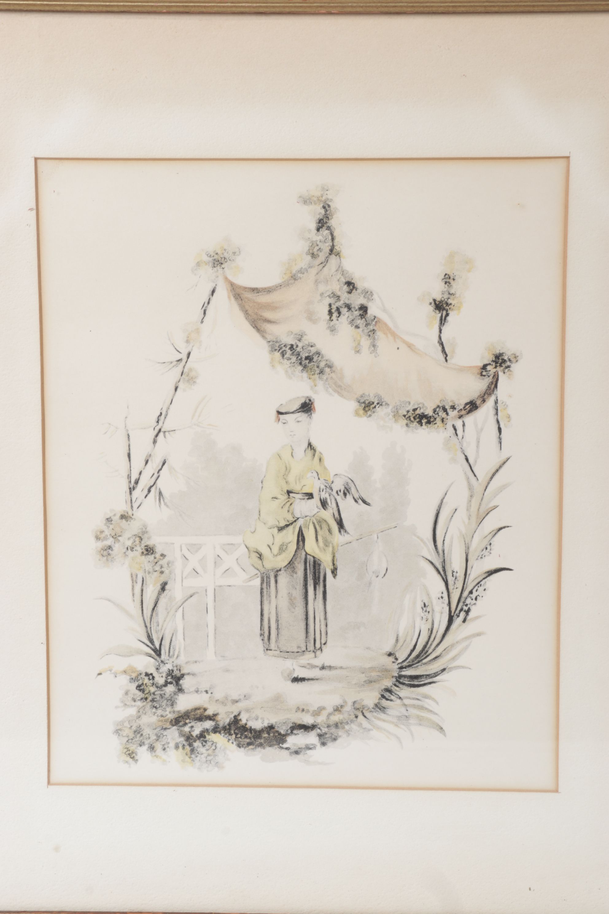 Orientalist Hand-Colored Lithos of Women in Garden Scenes, Mid-20th C