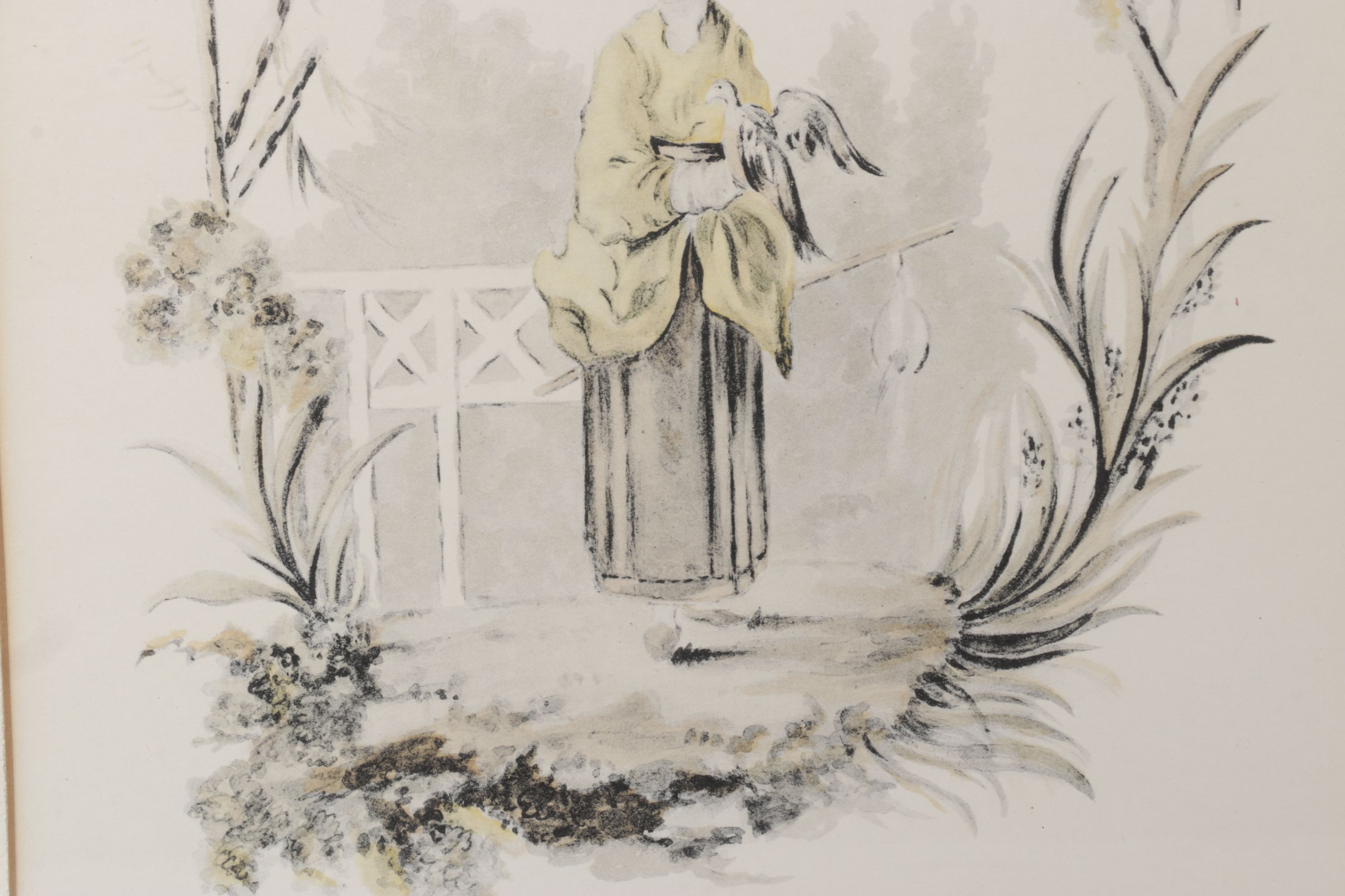 Orientalist Hand-Colored Lithos of Women in Garden Scenes, Mid-20th C