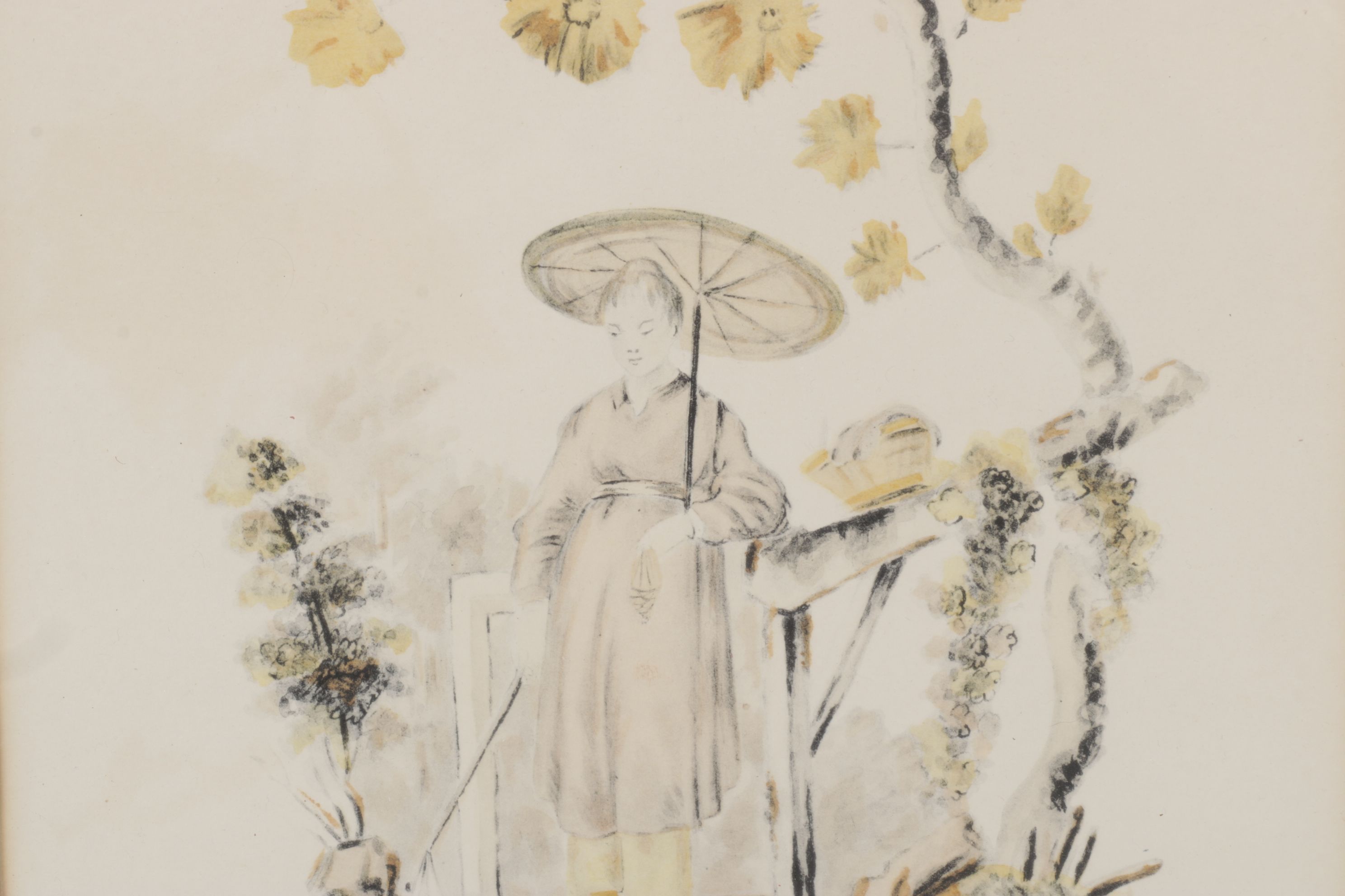 Orientalist Hand-Colored Lithos of Women in Garden Scenes, Mid-20th C