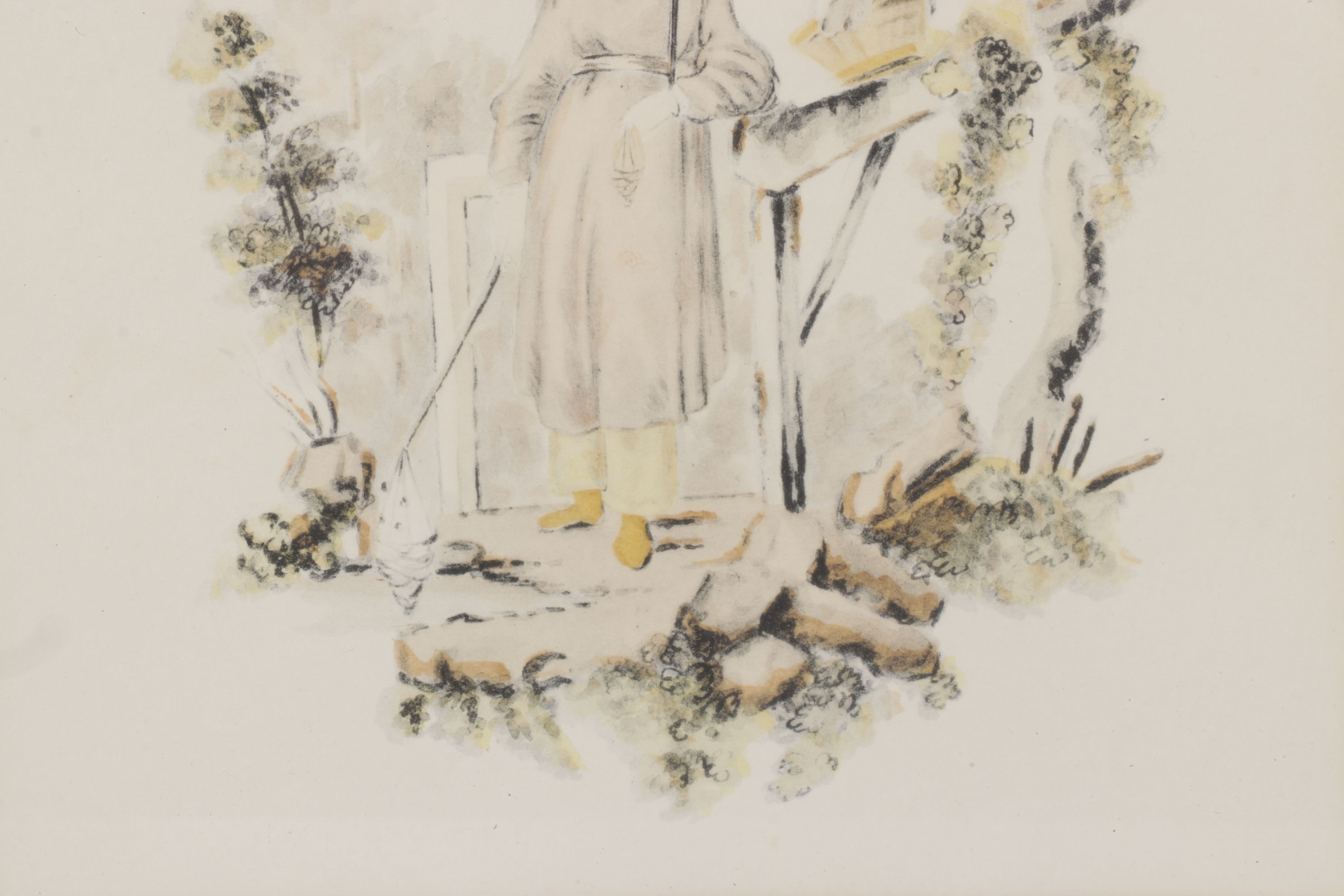 Orientalist Hand-Colored Lithos of Women in Garden Scenes, Mid-20th C