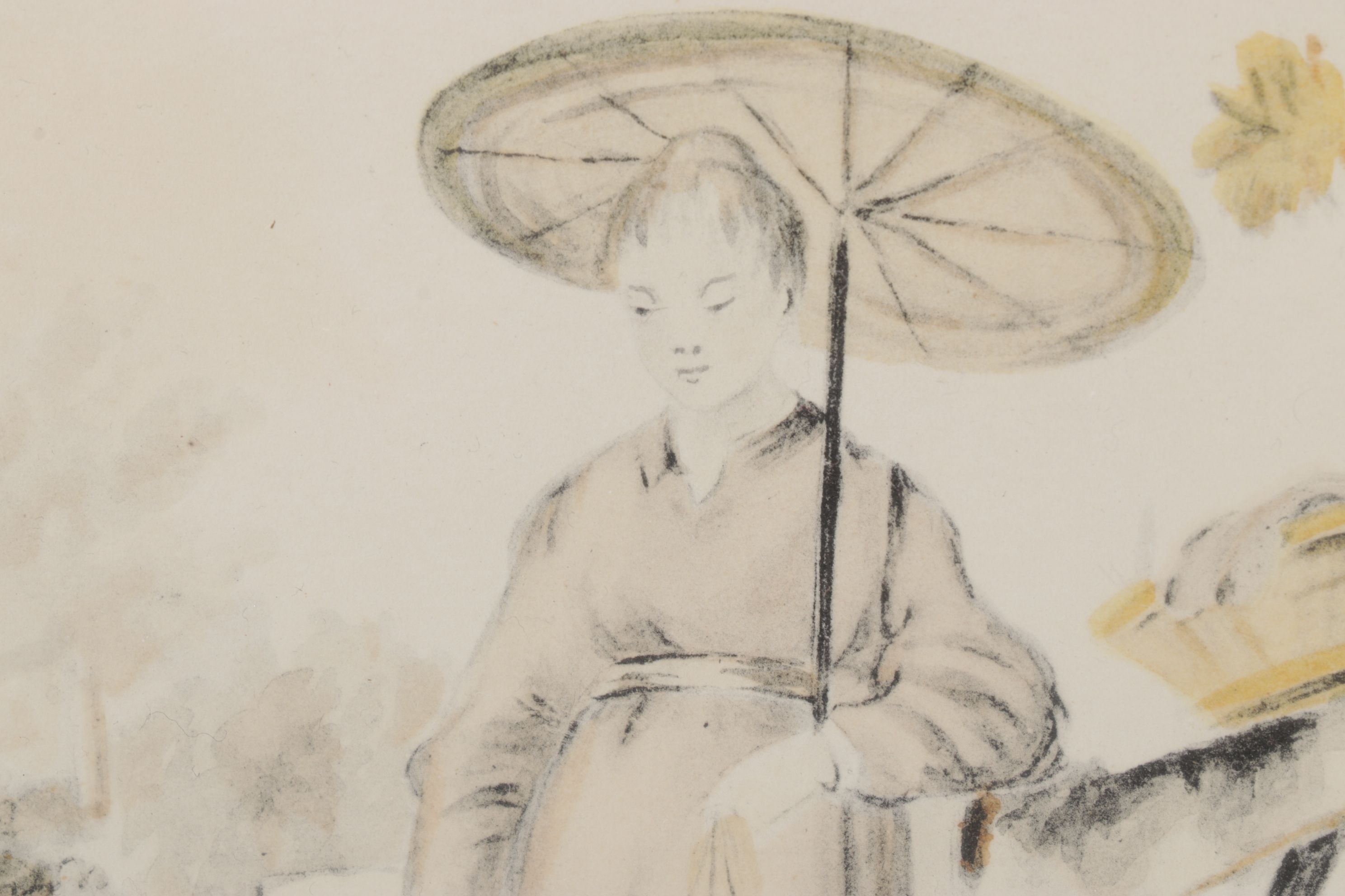 Orientalist Hand-Colored Lithos of Women in Garden Scenes, Mid-20th C