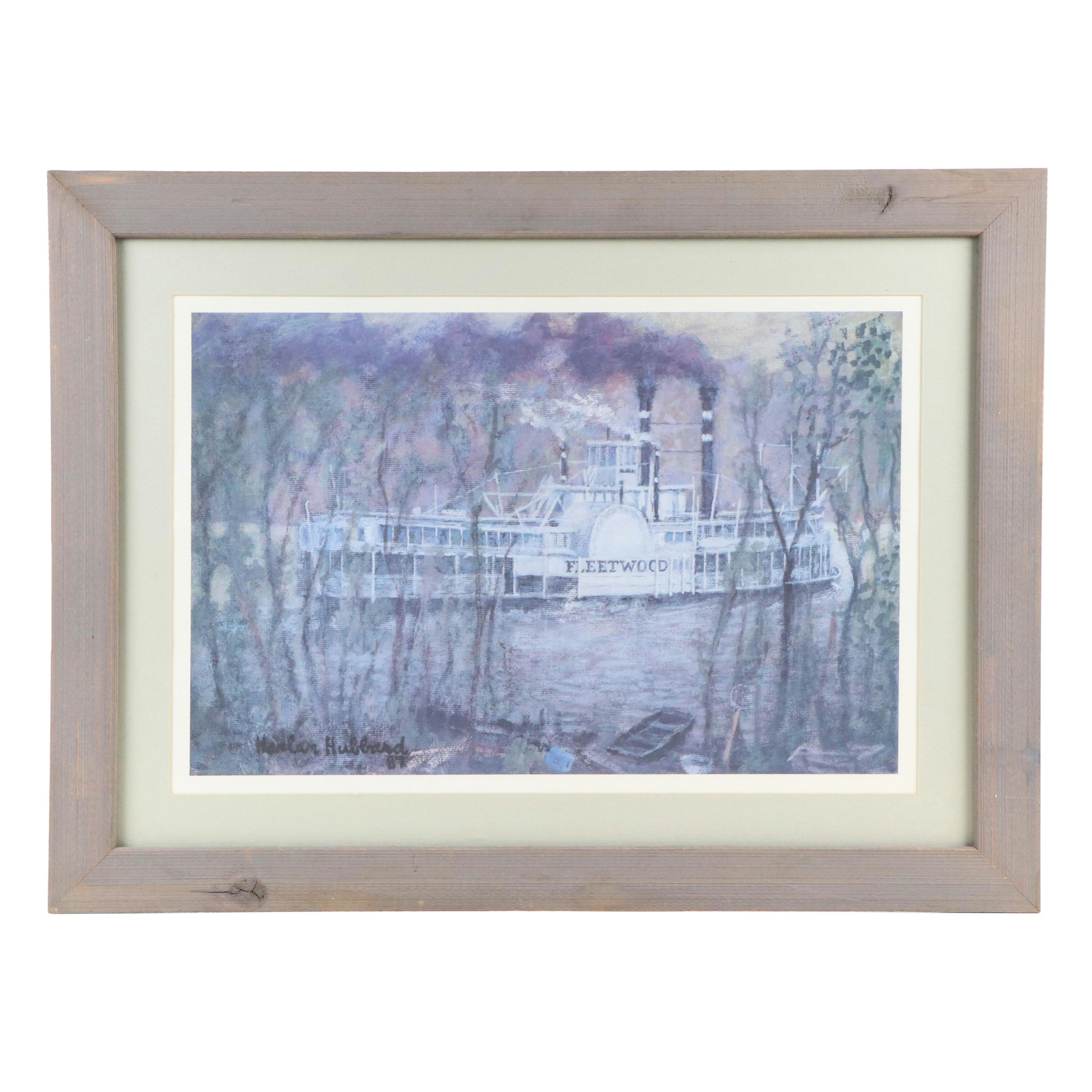 After Harlan Hubbard Offset Lithograph of River Steamboat "Fleetwood," 1987