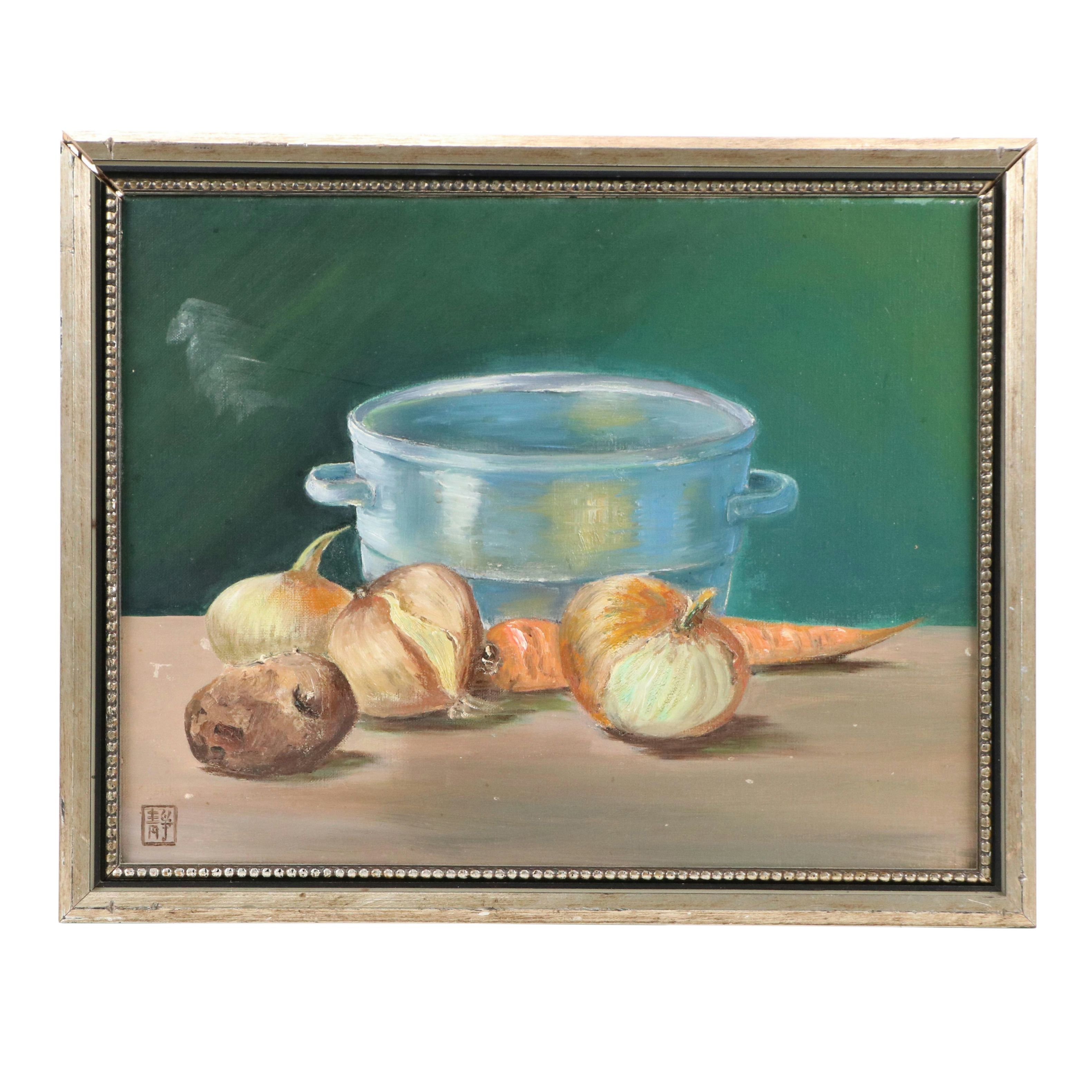 Still Life Oil Painting of Onions, Mid-20th Century