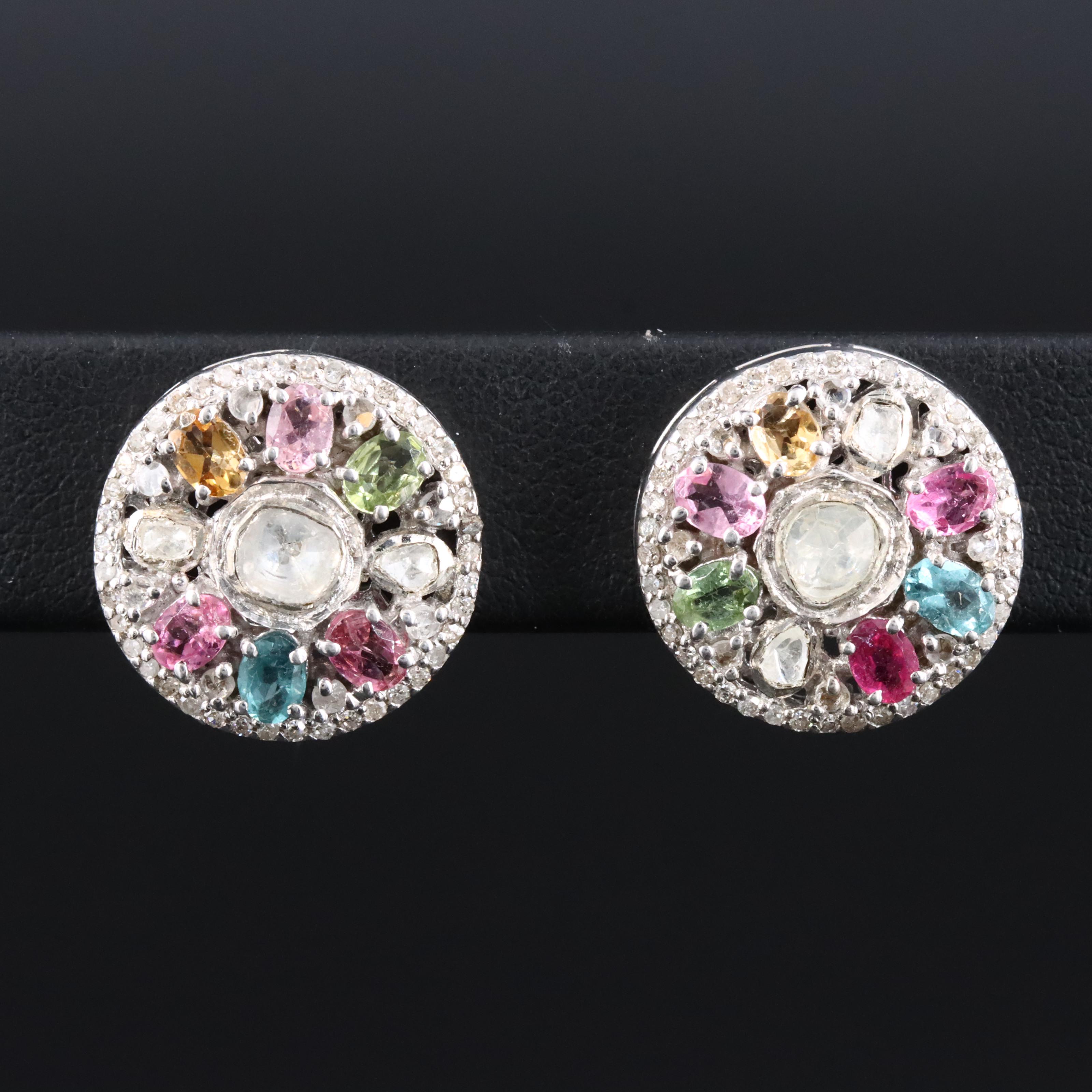 Sterling Tourmaline and Diamond Button Earrings
