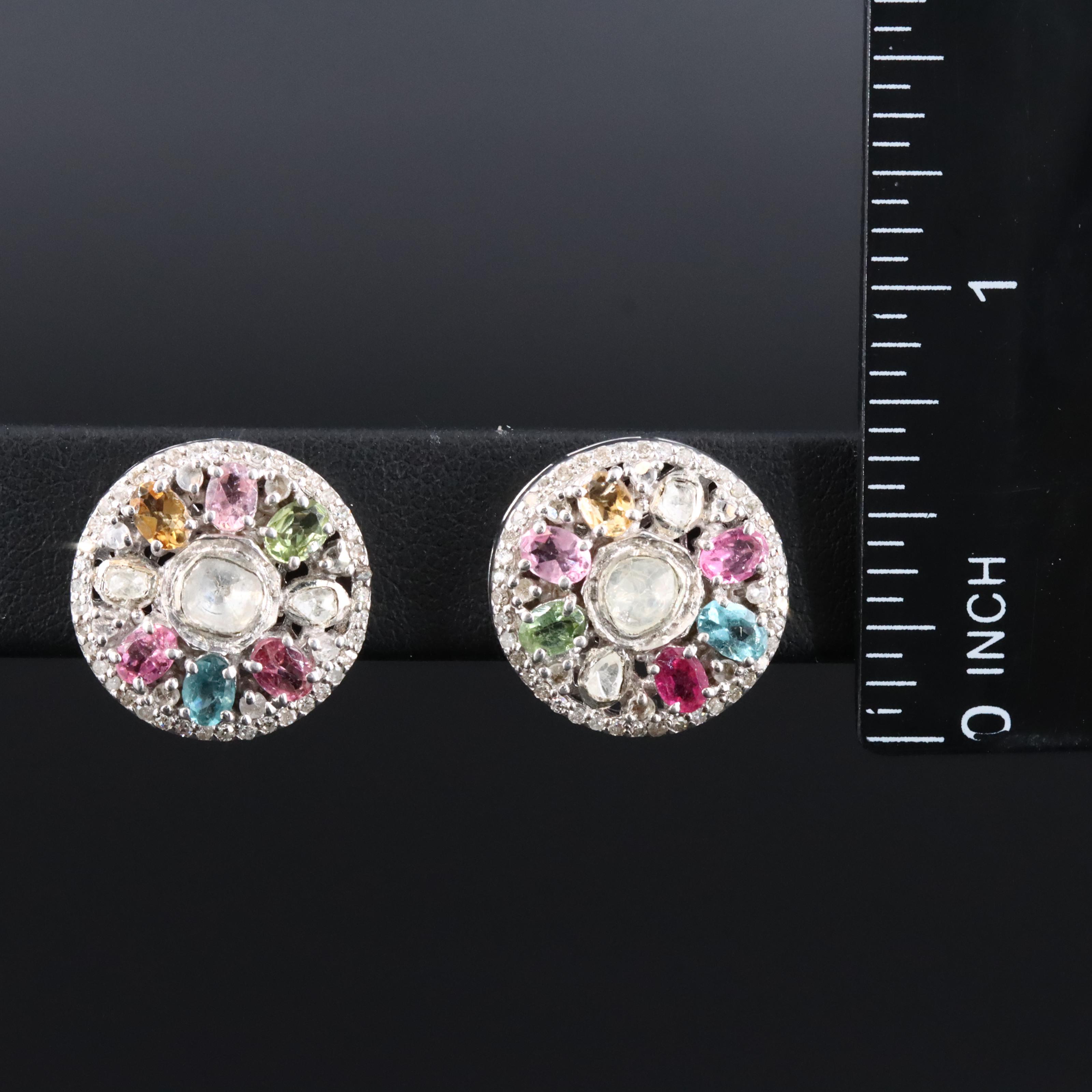 Sterling Tourmaline and Diamond Button Earrings