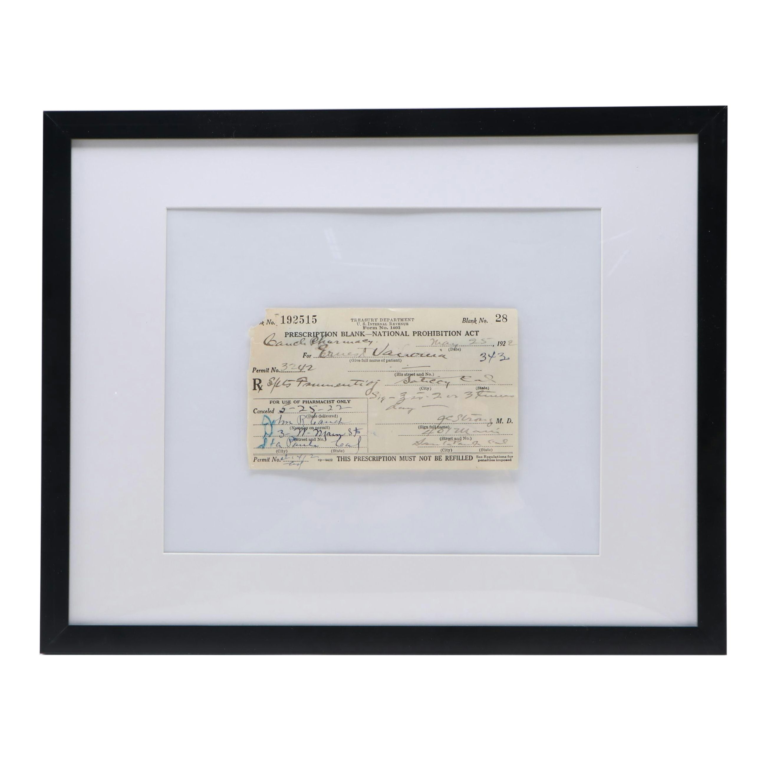 Prohibition Era Prescription Form for Alcohol, 1922