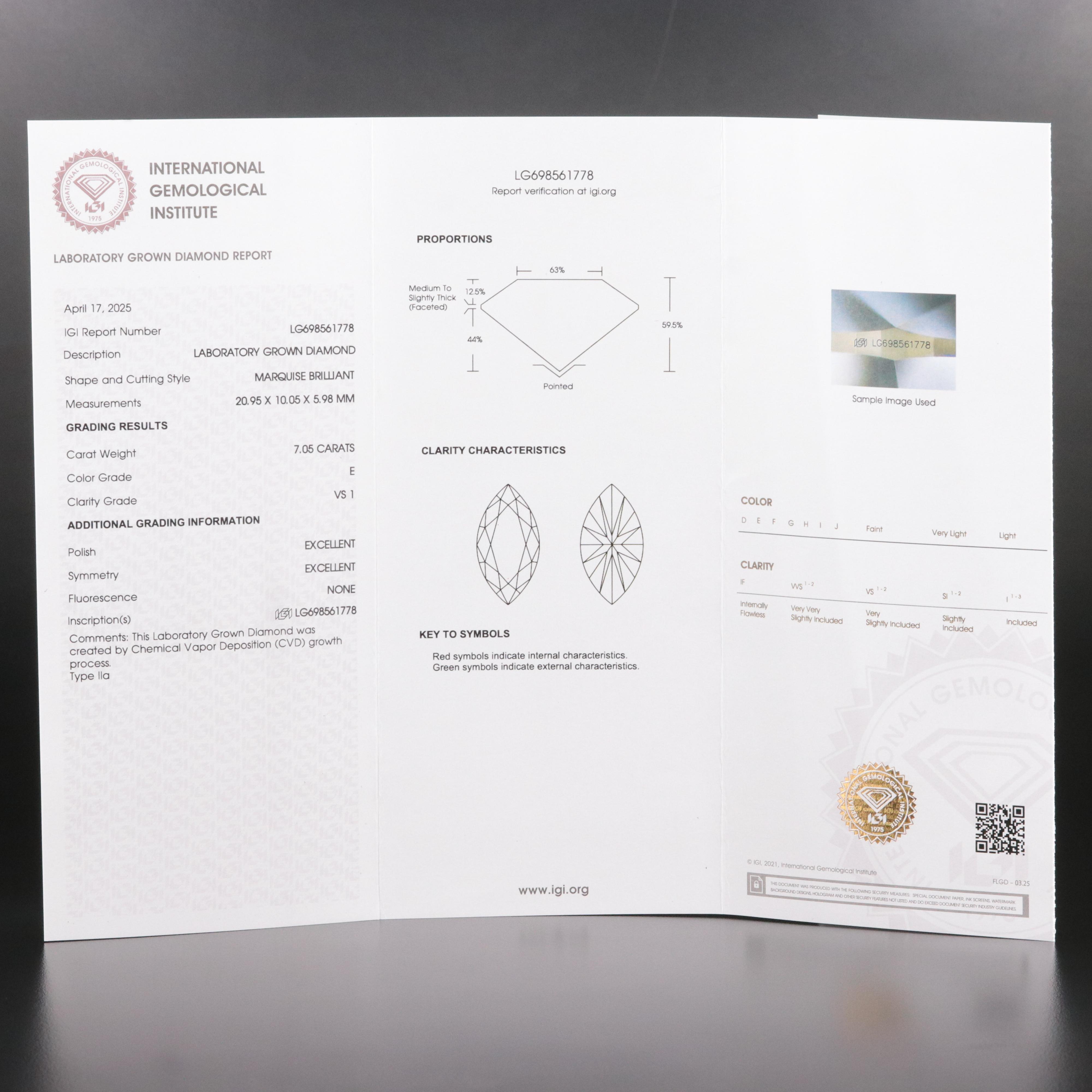 Loose 7.05 CT Lab Grown Diamond with IGI Report