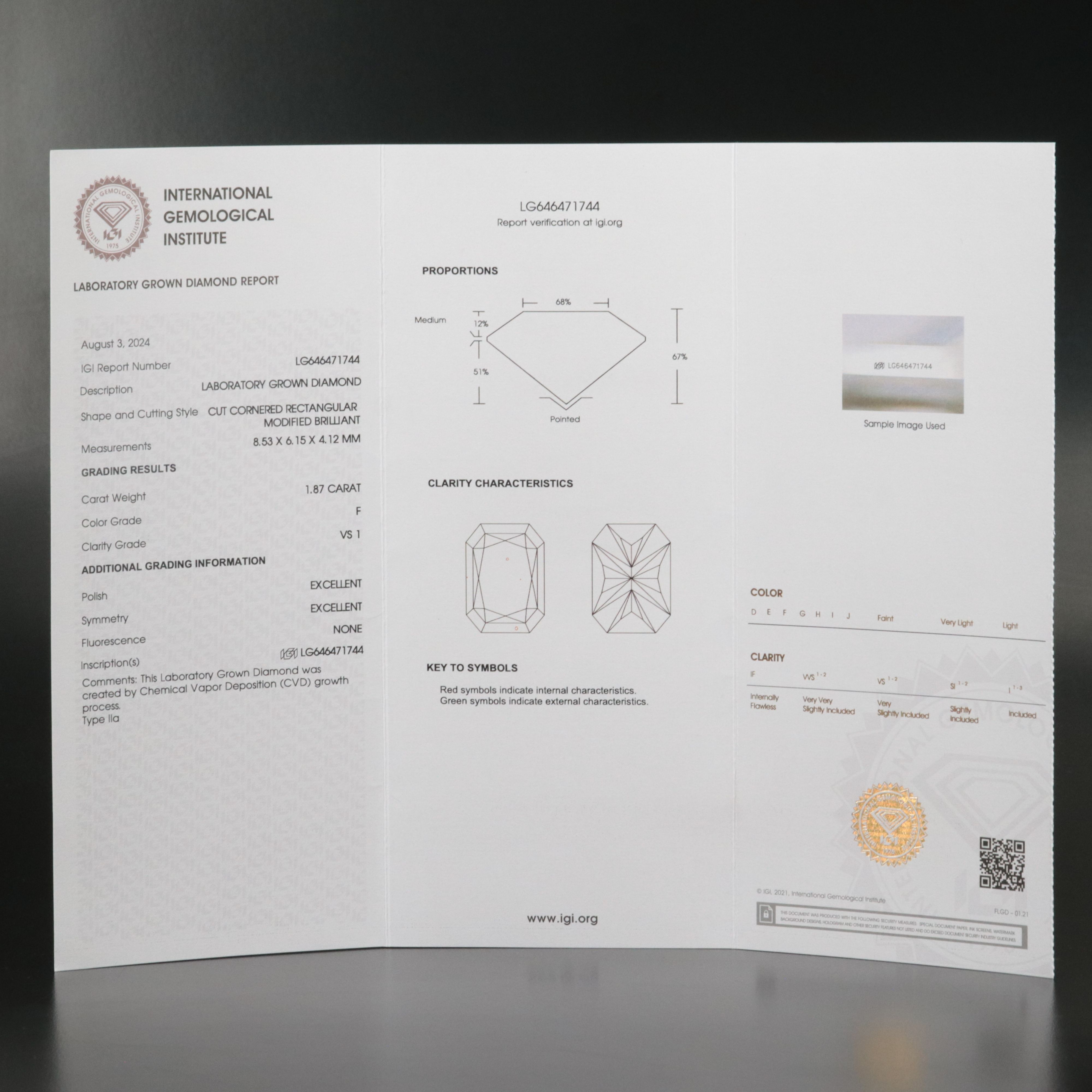 Loose 1.87 CT Lab Grown Diamond with IGI Report