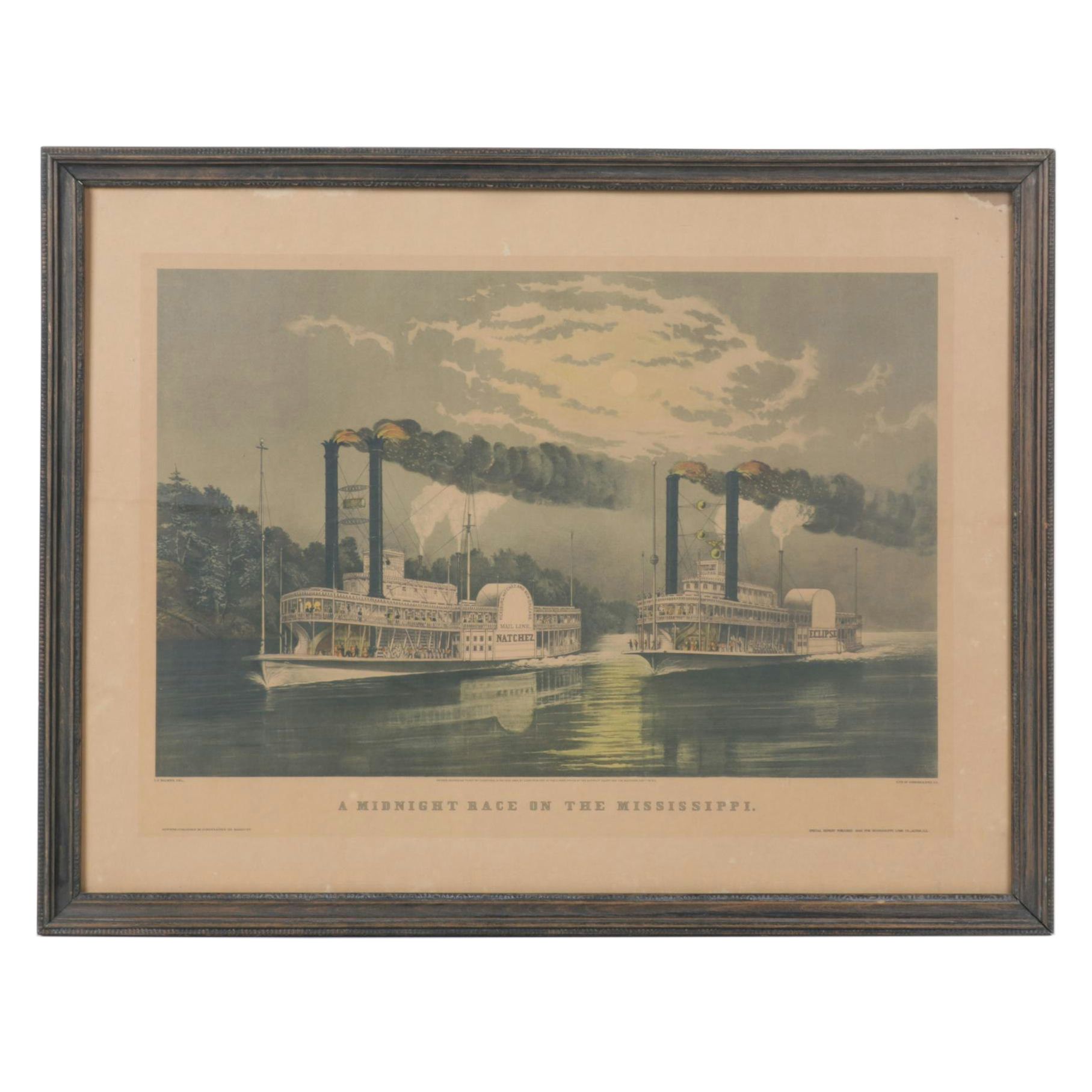 Offset Lithograph After Currier & Ives "A Midnight Race on the Mississippi"