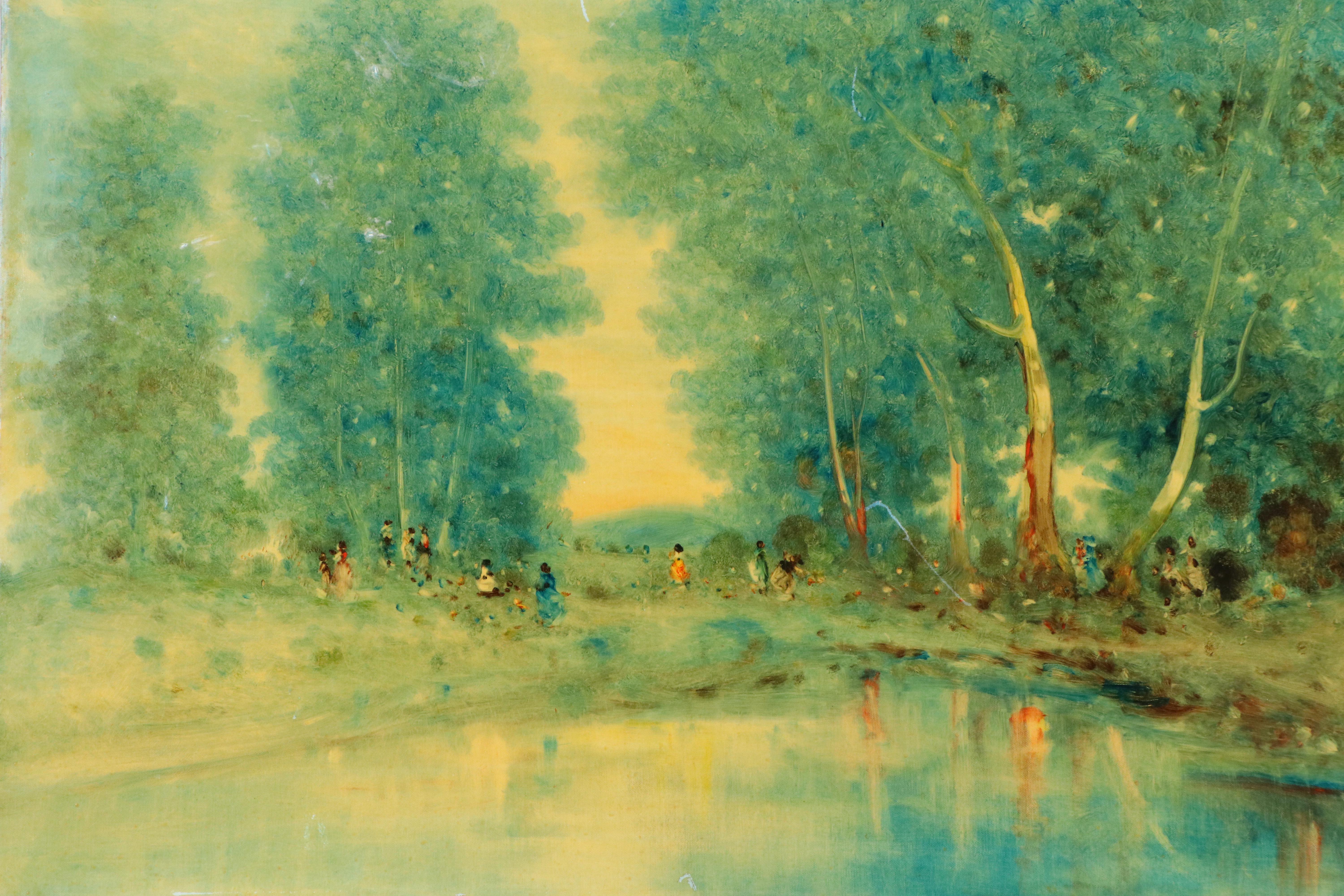 Stefanos Sideris Woodland Landscape with Figures Oil Painting, 1976