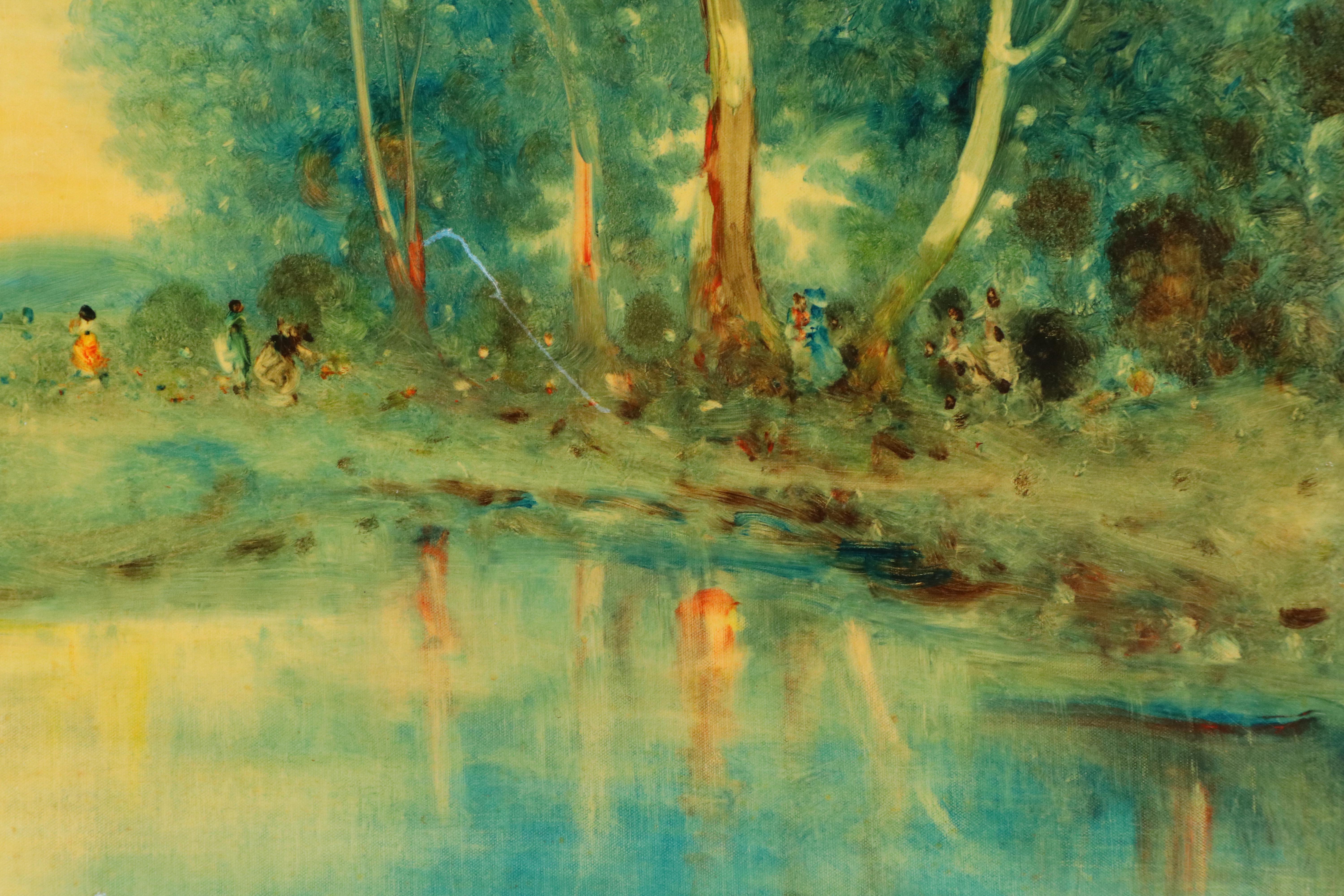 Stefanos Sideris Woodland Landscape with Figures Oil Painting, 1976