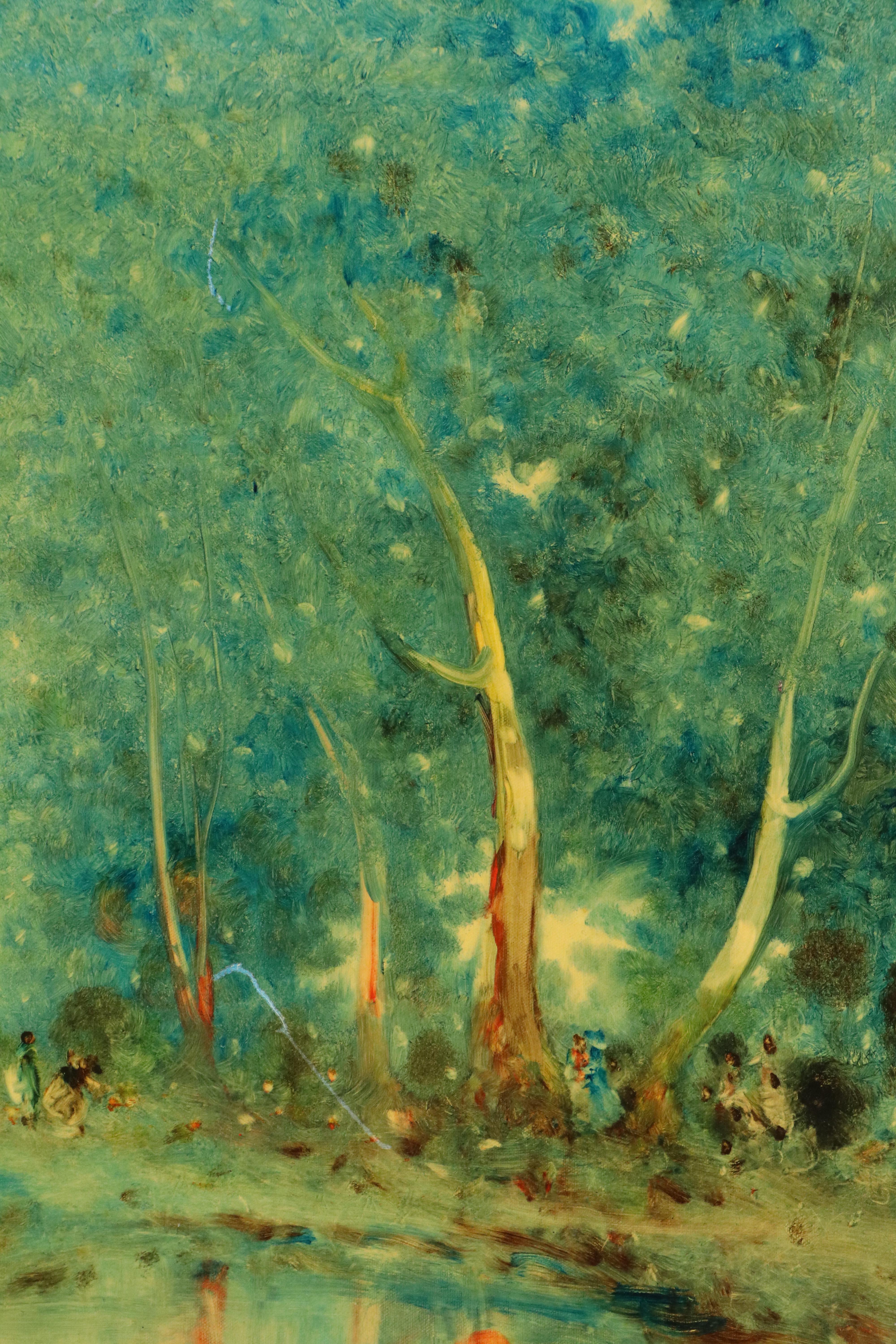 Stefanos Sideris Woodland Landscape with Figures Oil Painting, 1976