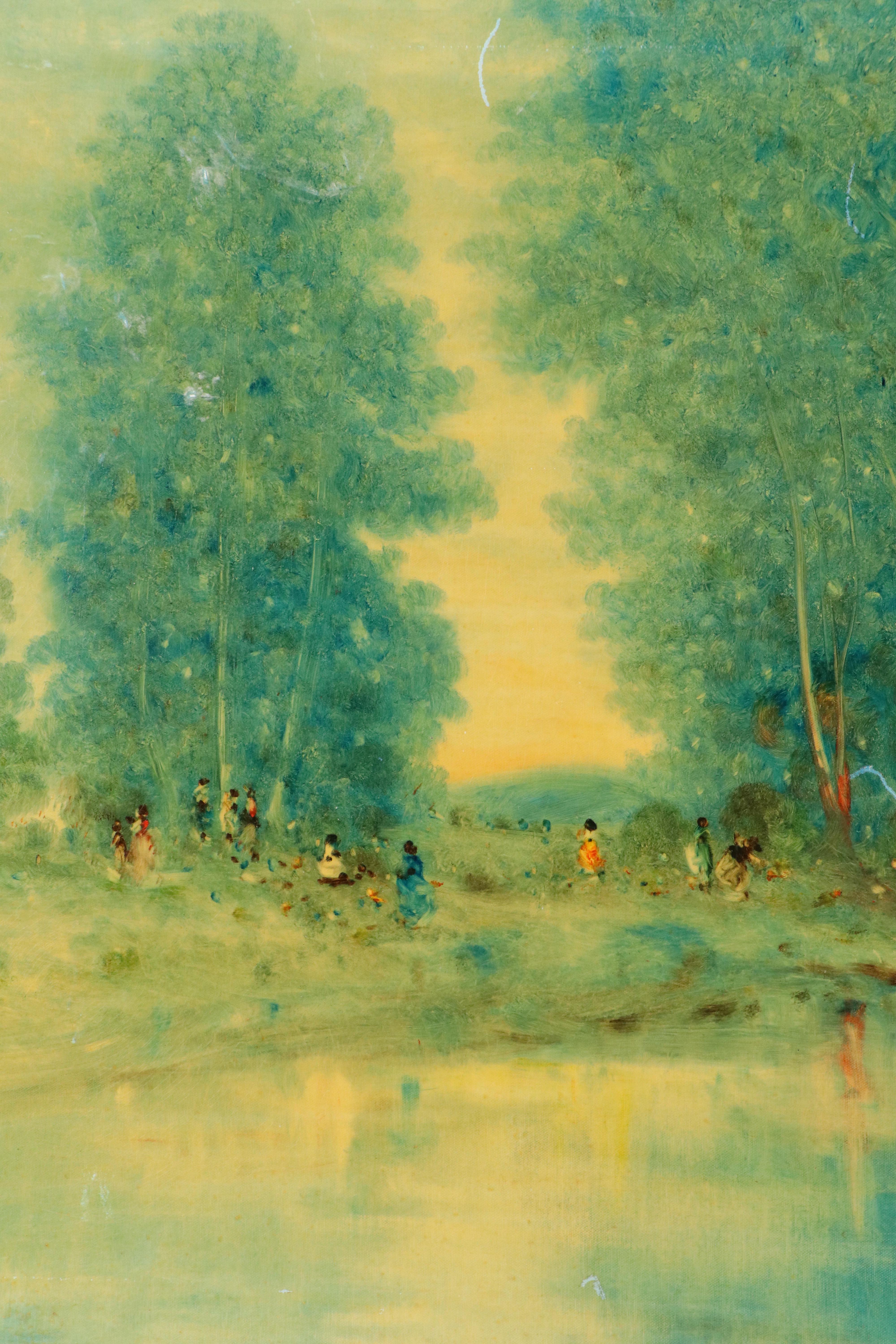 Stefanos Sideris Woodland Landscape with Figures Oil Painting, 1976