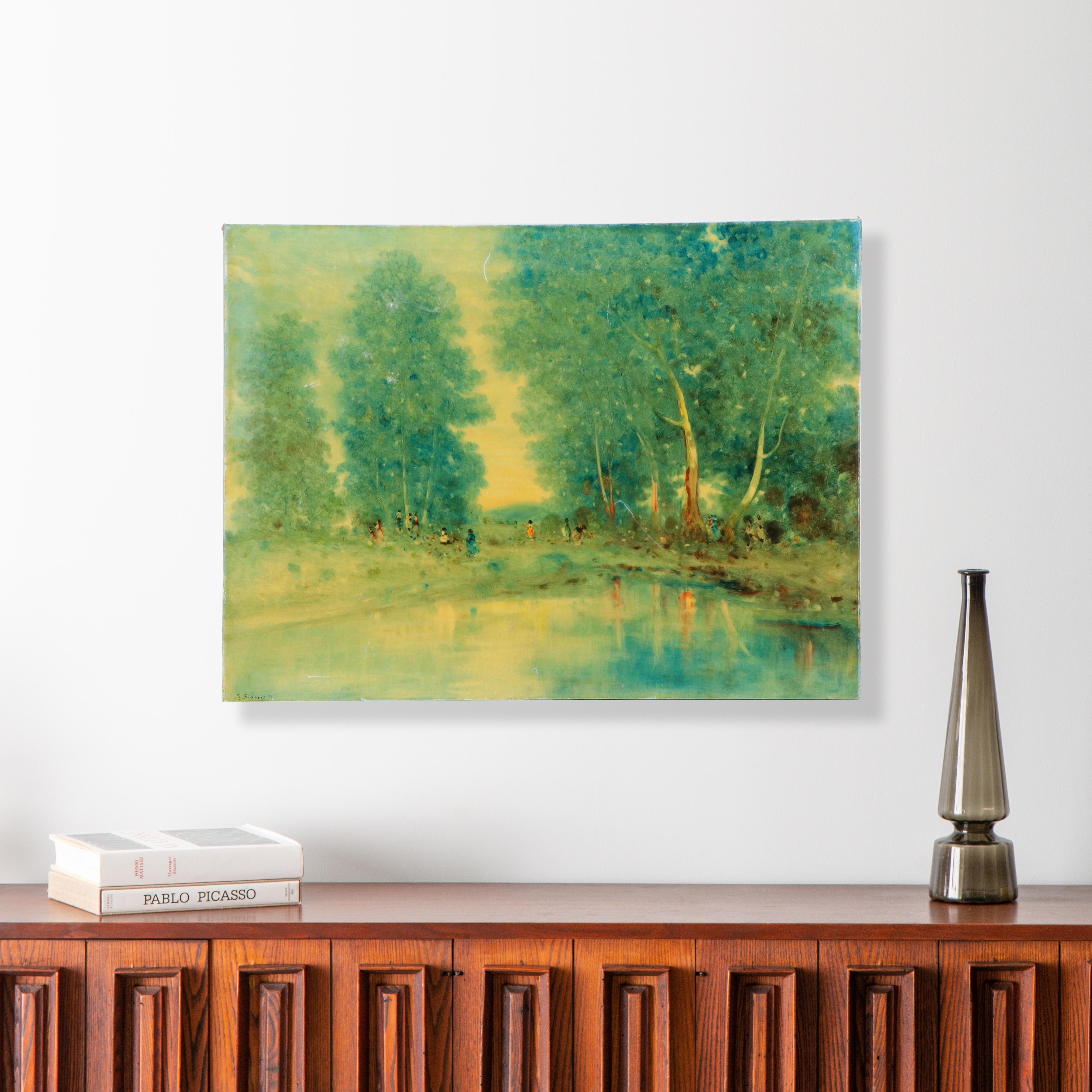 Stefanos Sideris Woodland Landscape with Figures Oil Painting, 1976