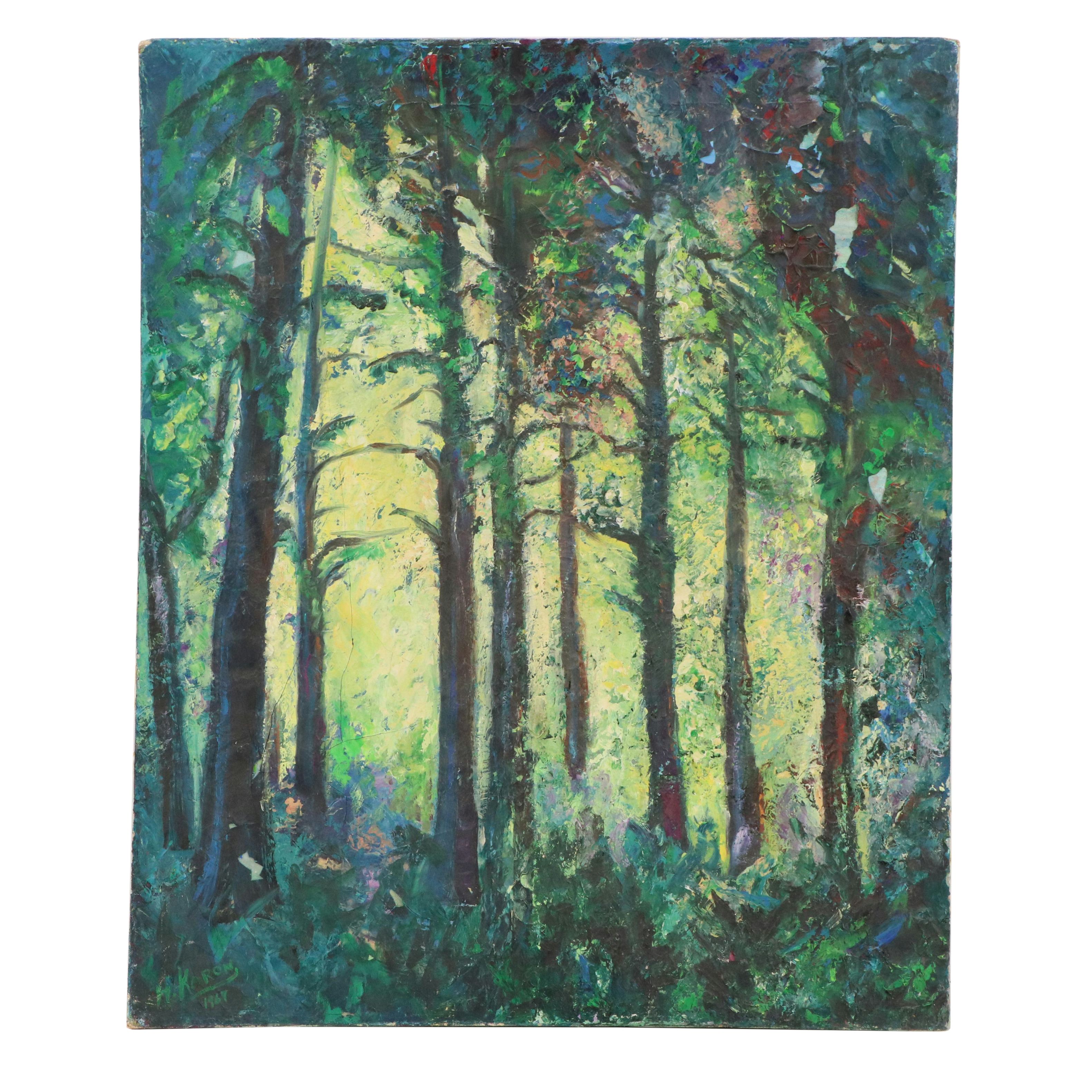 H. Karon Forest Landscape Oil Painting, 1967