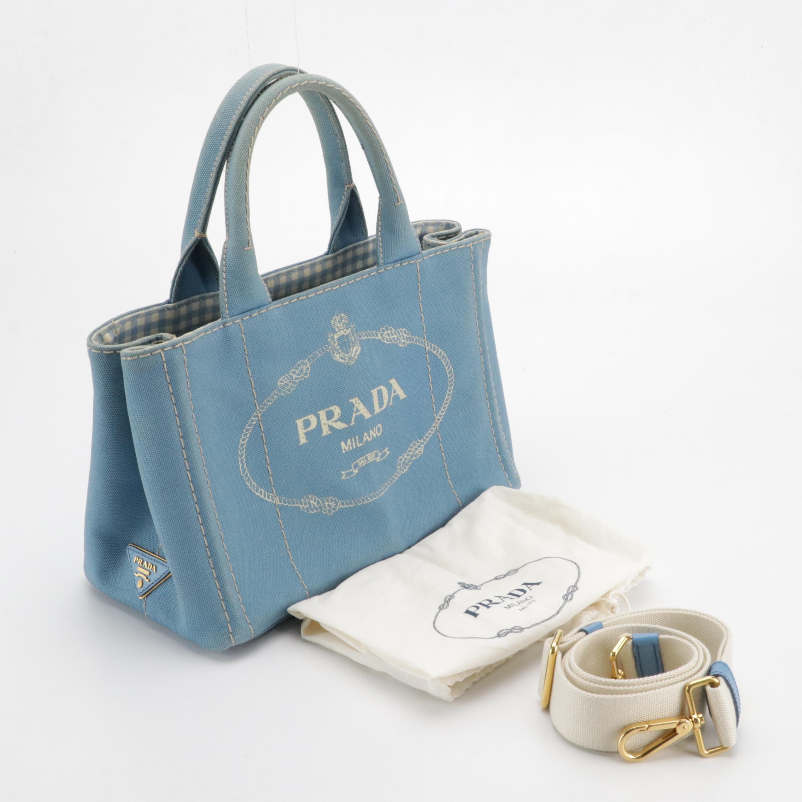 Prada Blue Canapa Canvas Tote with Gingham Print Interior and Detachable Strap