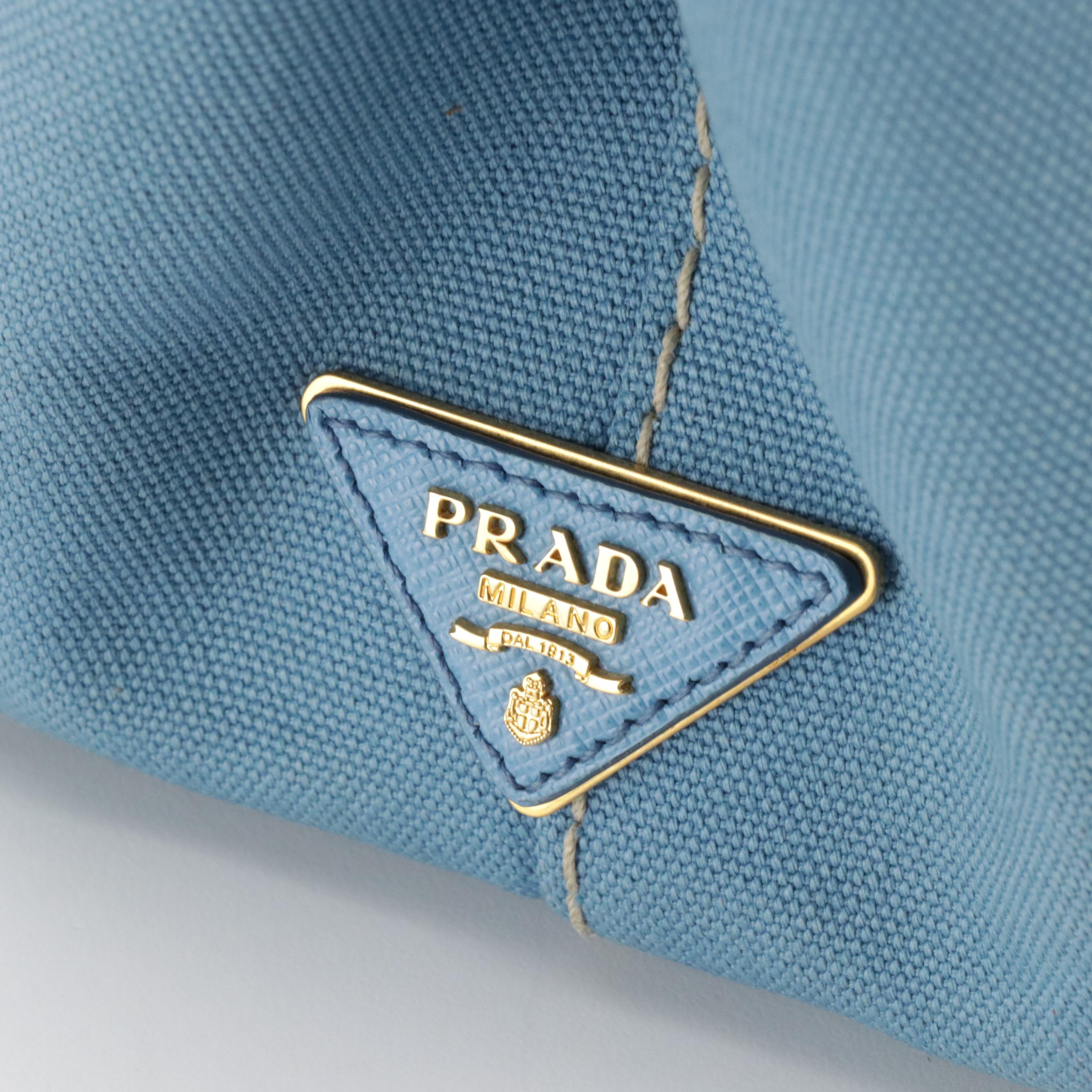 Prada Blue Canapa Canvas Tote with Gingham Print Interior and Detachable Strap