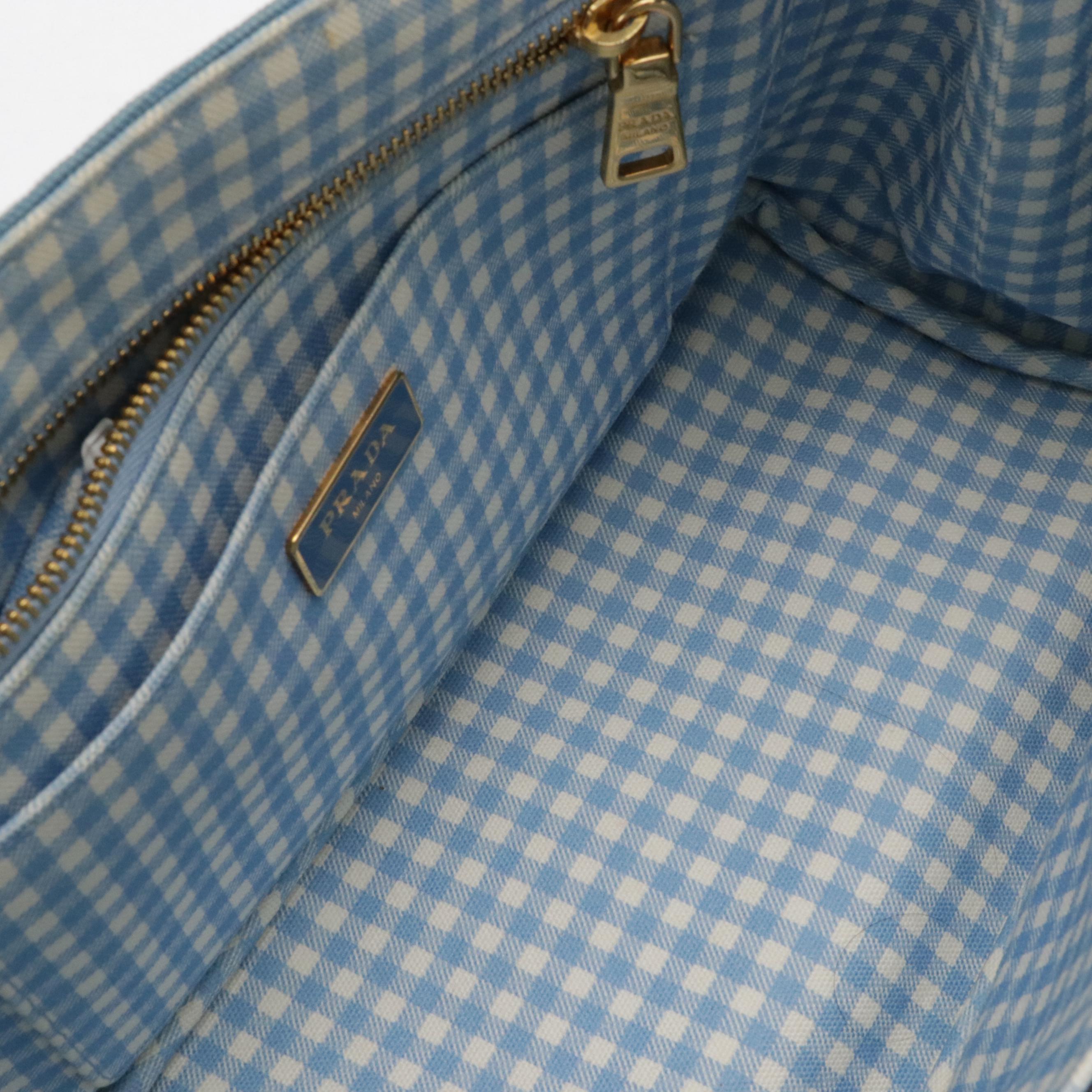 Prada Blue Canapa Canvas Tote with Gingham Print Interior and Detachable Strap