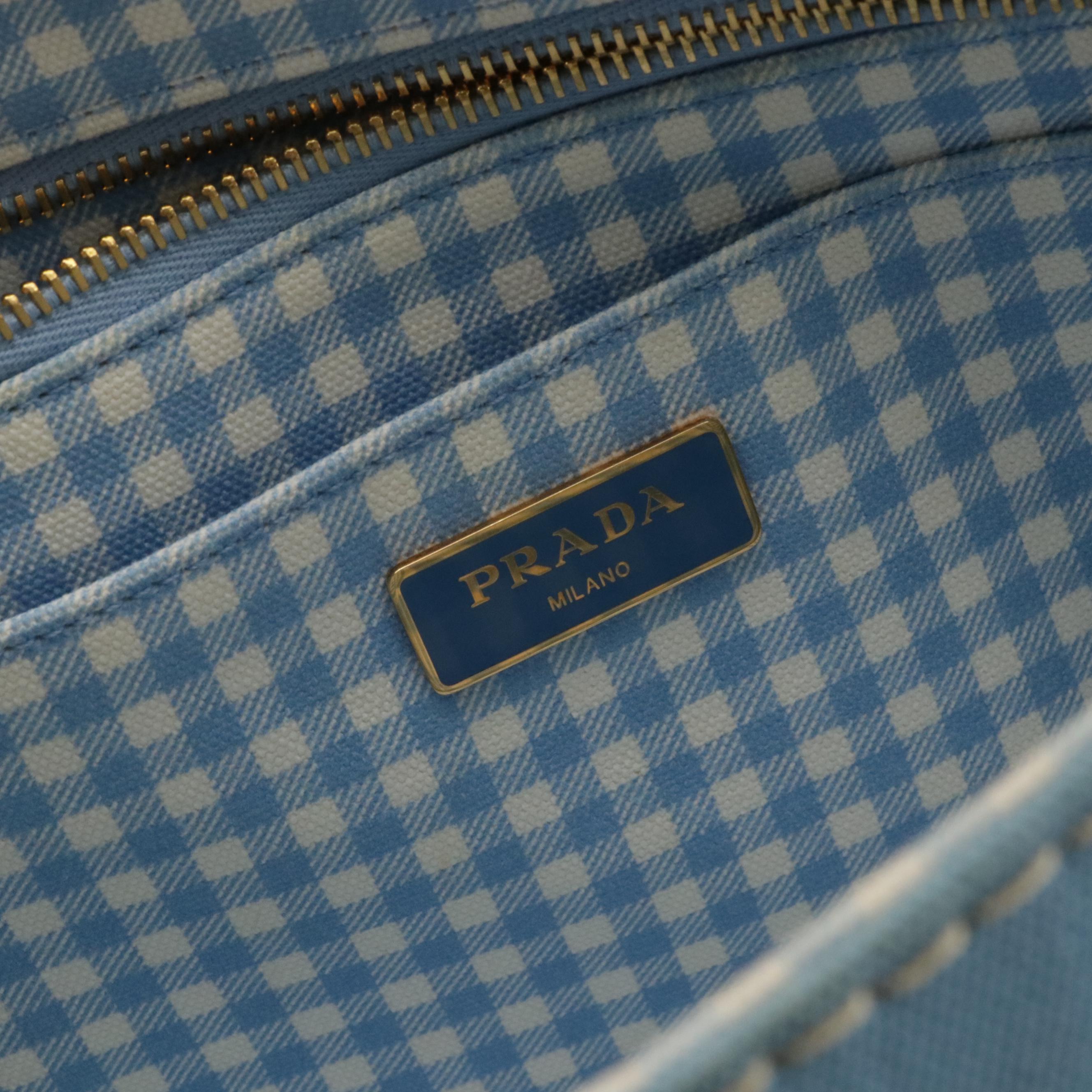 Prada Blue Canapa Canvas Tote with Gingham Print Interior and Detachable Strap