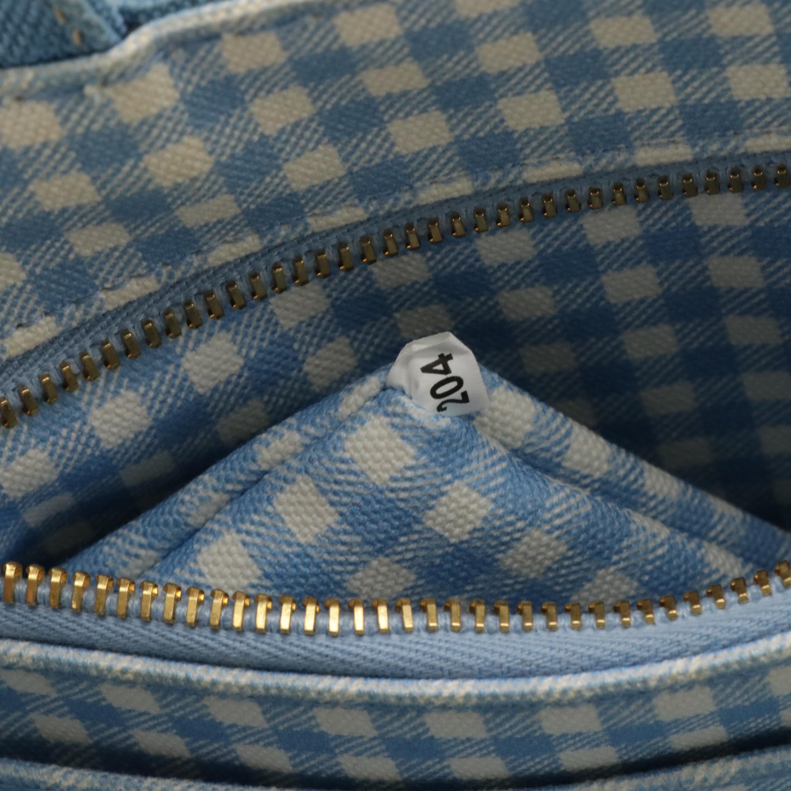 Prada Blue Canapa Canvas Tote with Gingham Print Interior and Detachable Strap