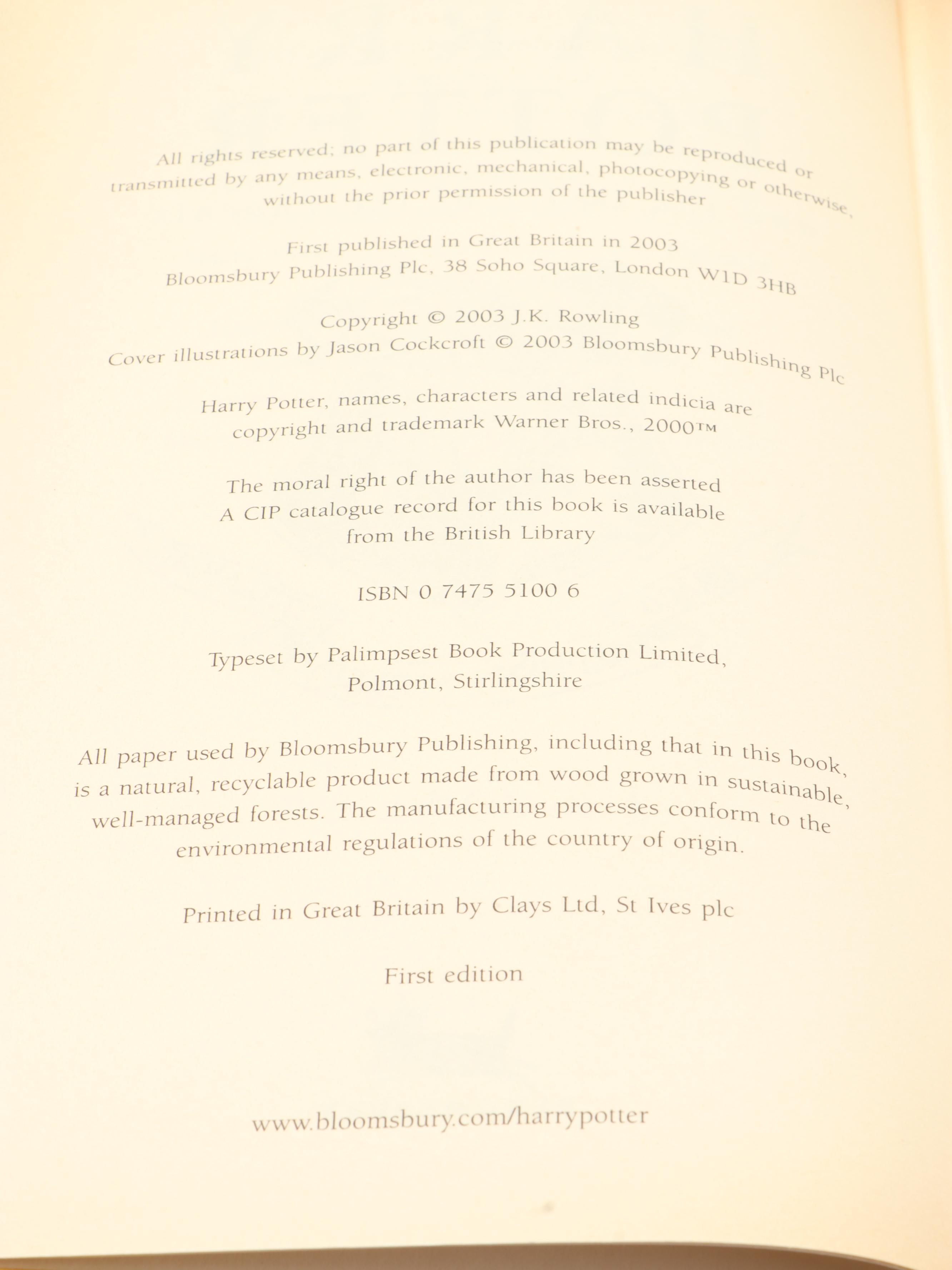 First UK Edition "Harry Potter and the Order of the Phoenix" by J. K. Rowling