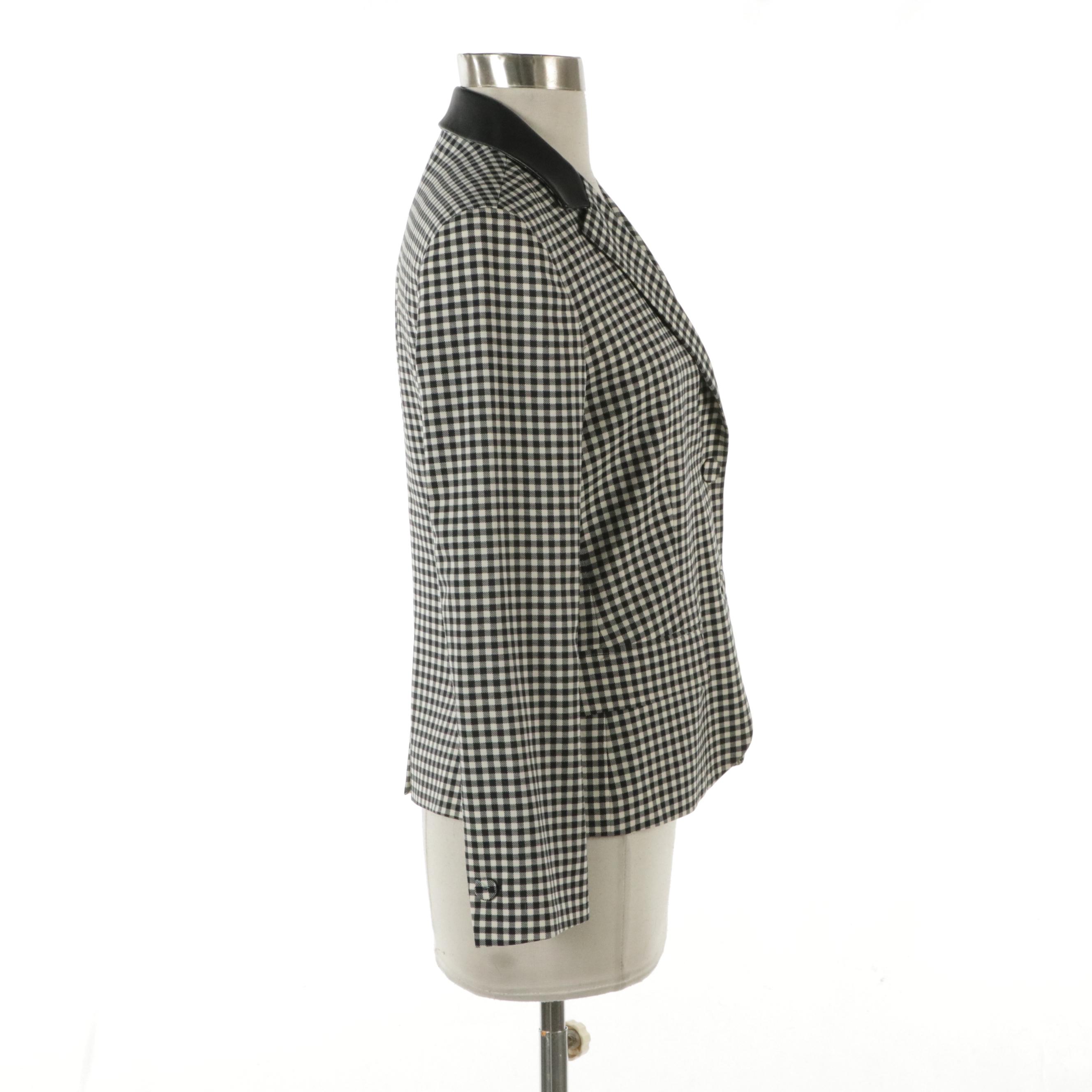Prada B&W Checkered Stretch Wool Blazer with Leather Collar
