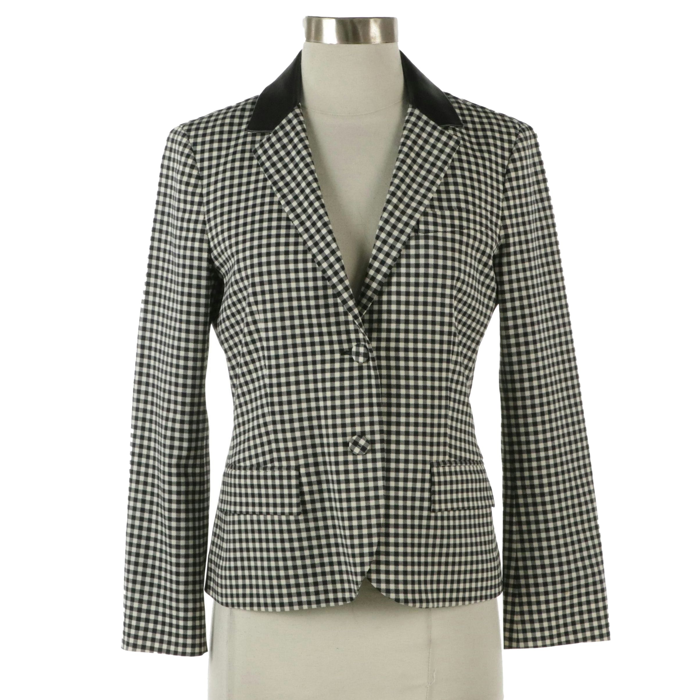 Prada B&W Checkered Stretch Wool Blazer with Leather Collar