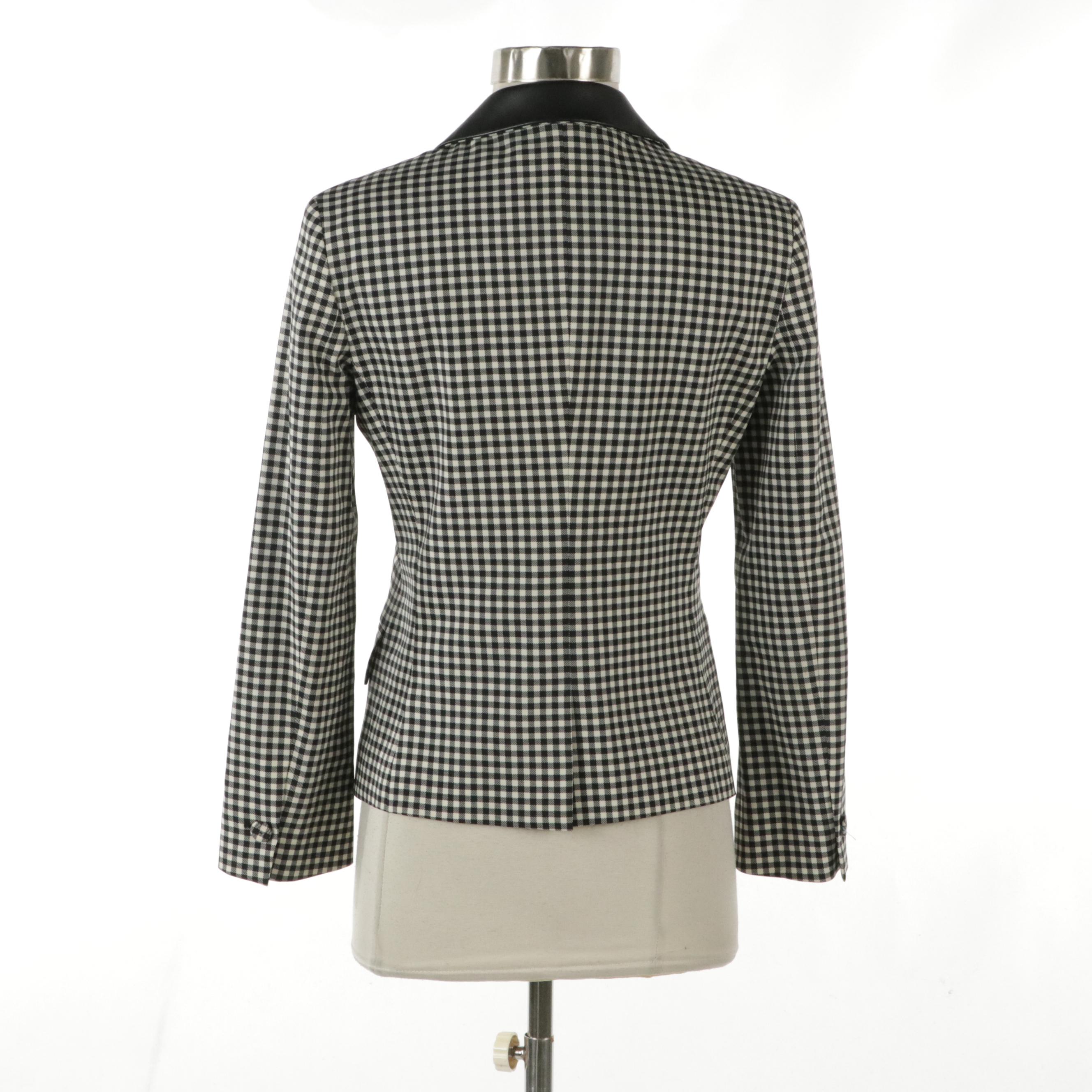 Prada B&W Checkered Stretch Wool Blazer with Leather Collar