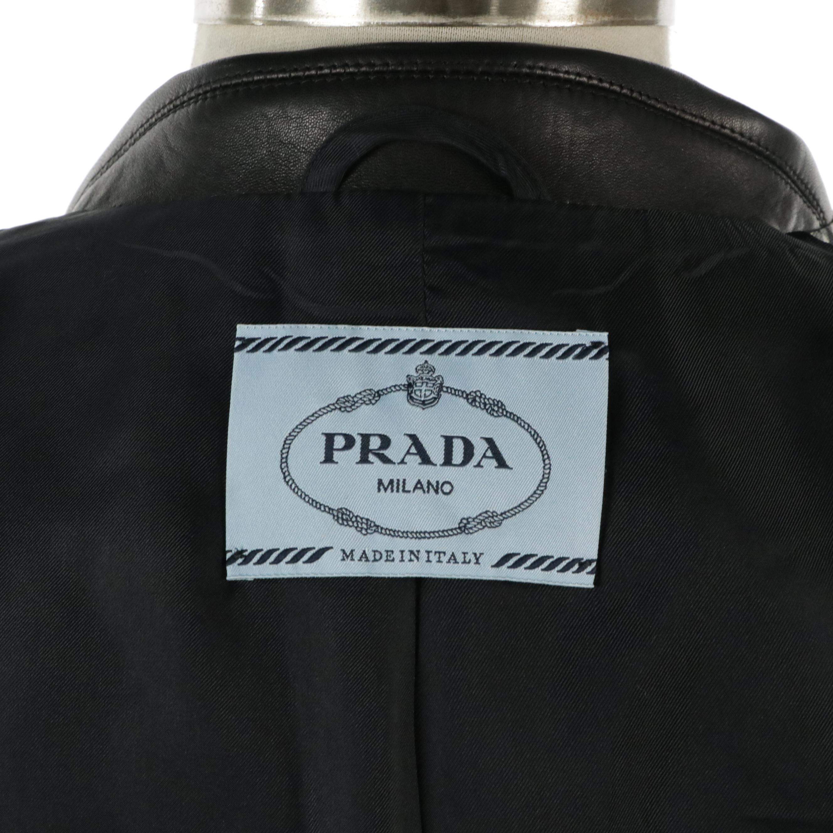 Prada B&W Checkered Stretch Wool Blazer with Leather Collar