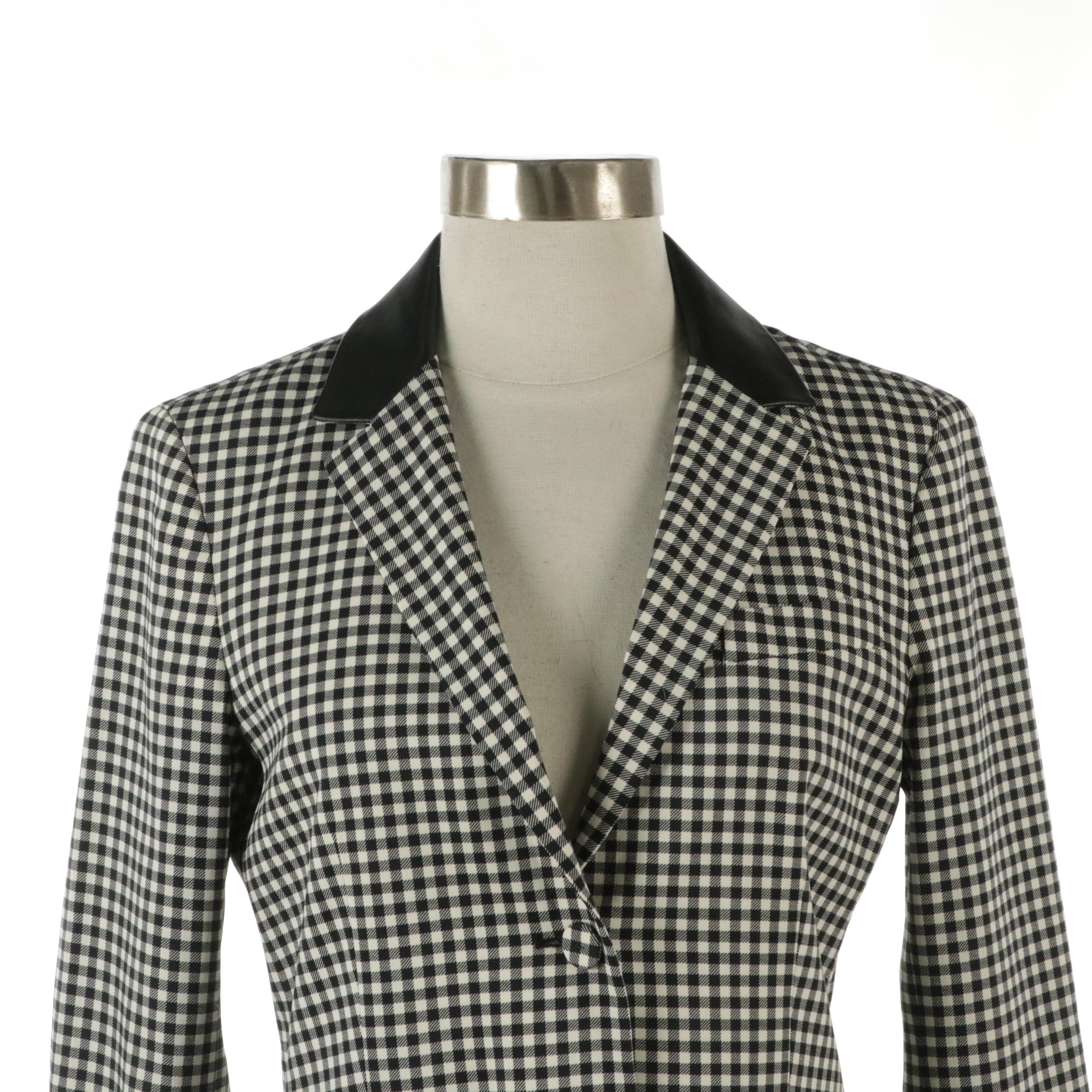 Prada B&W Checkered Stretch Wool Blazer with Leather Collar