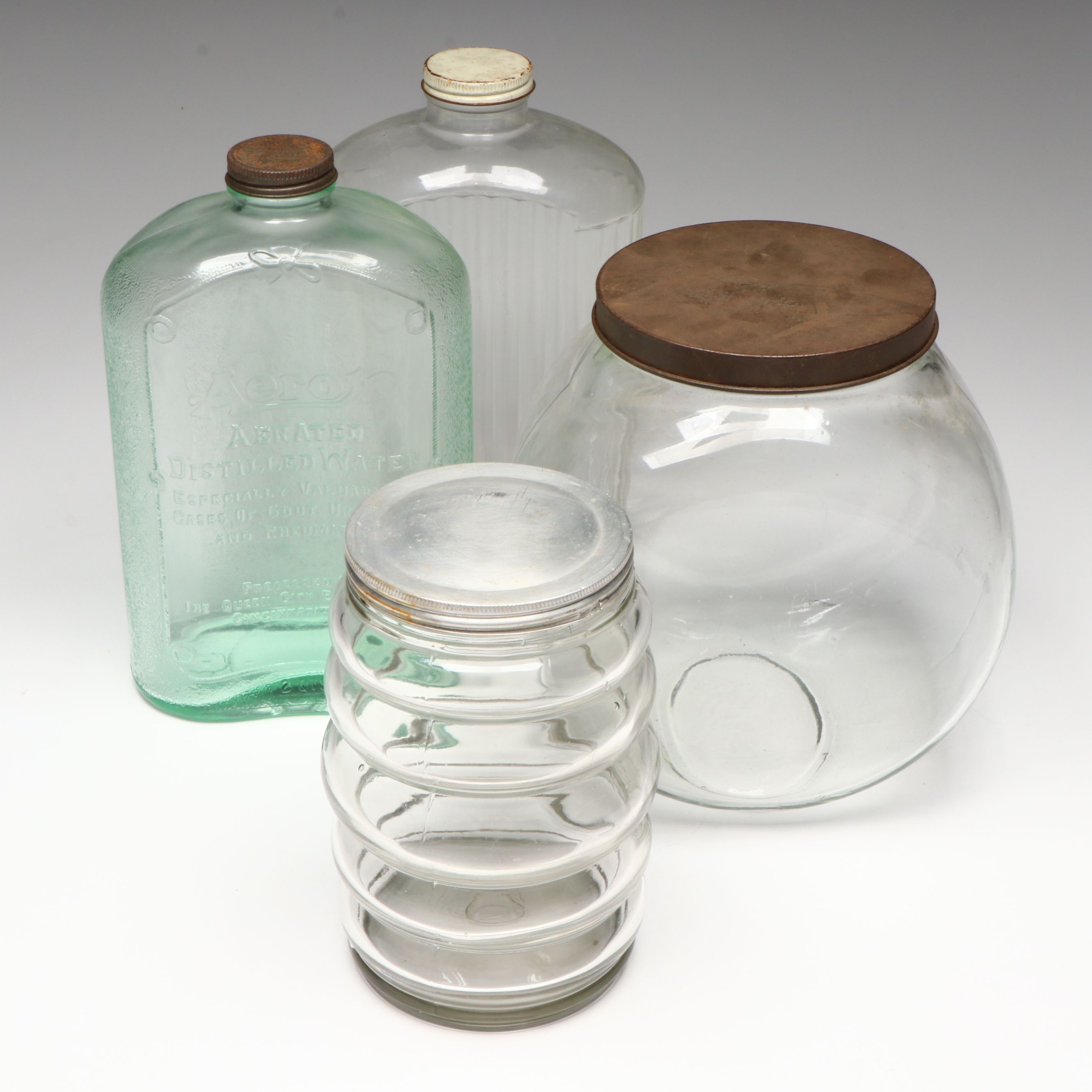 Aerox Distilled Water and Other Vintage Glass Jars and Bottles, 20th Century