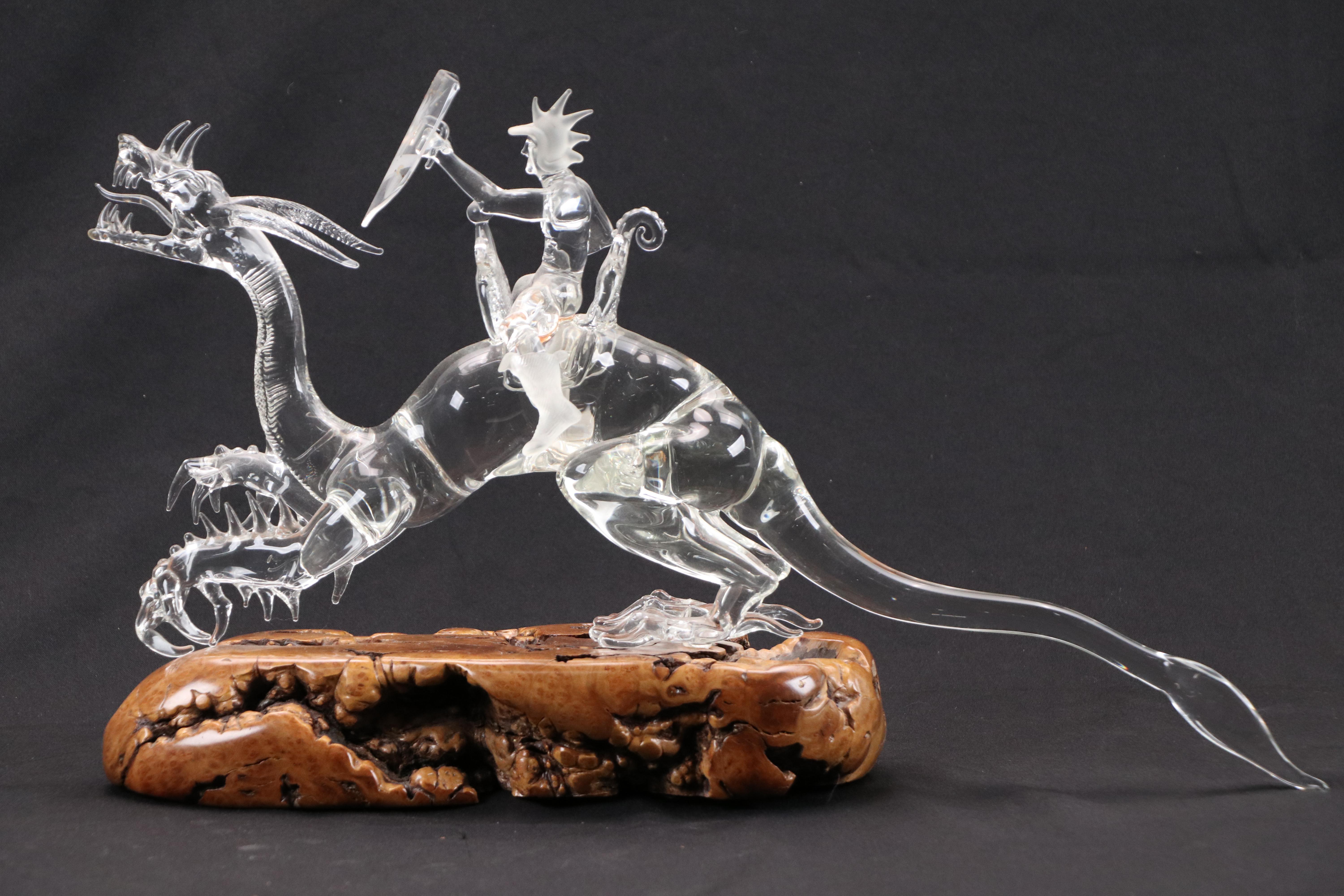 Warren Hooper Fantasy Dragon Warrior Glass Sculpture, 1985