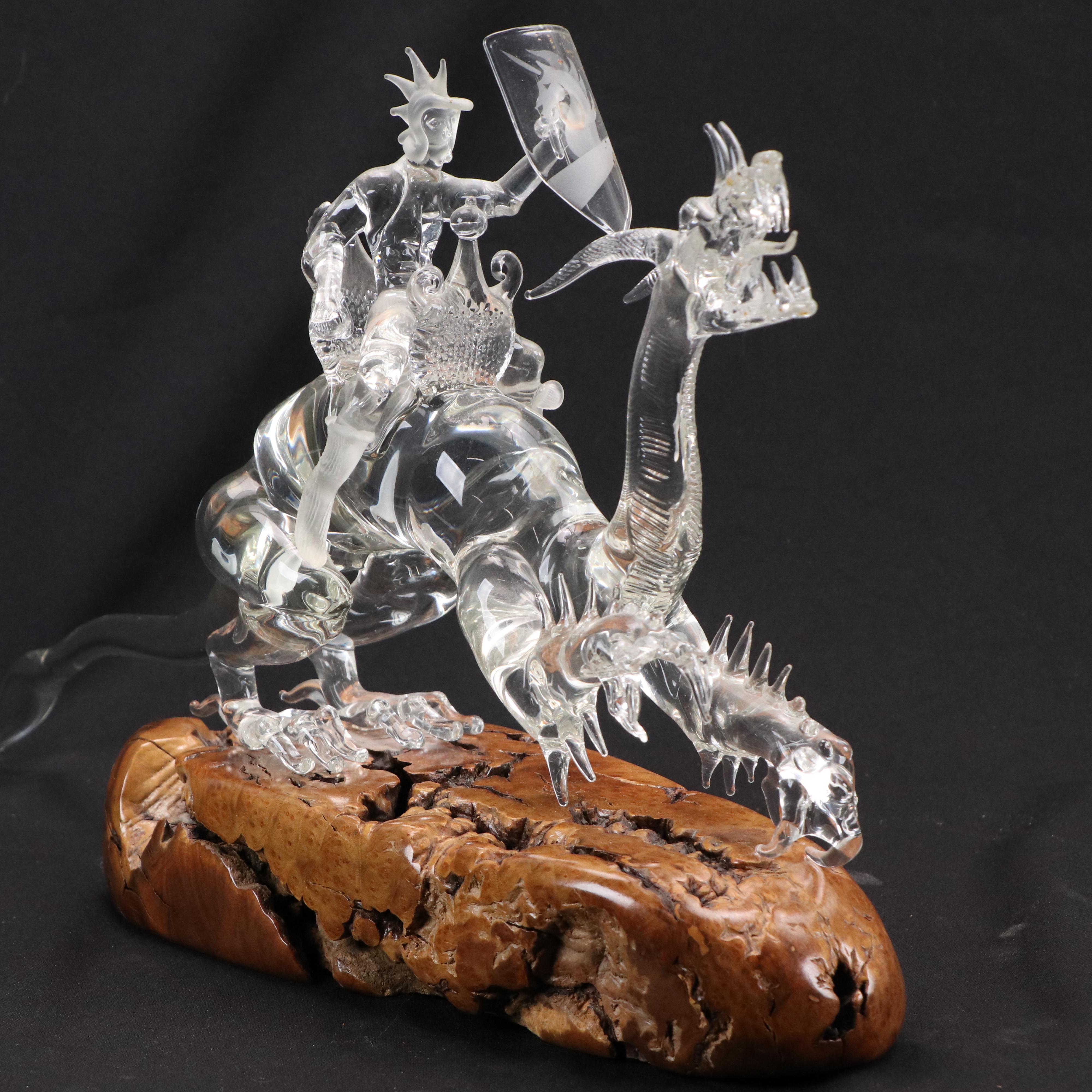 Warren Hooper Fantasy Dragon Warrior Glass Sculpture, 1985