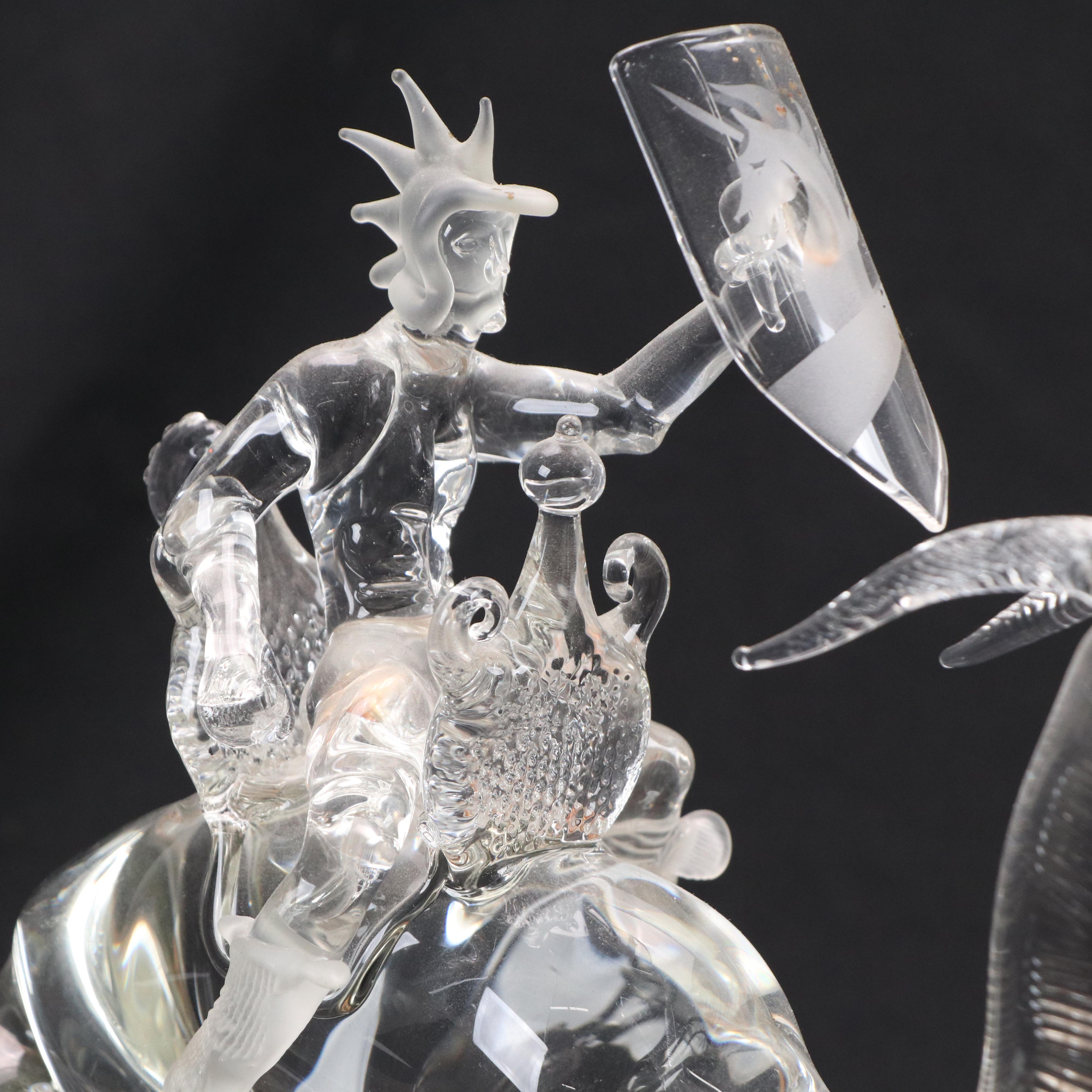 Warren Hooper Fantasy Dragon Warrior Glass Sculpture, 1985