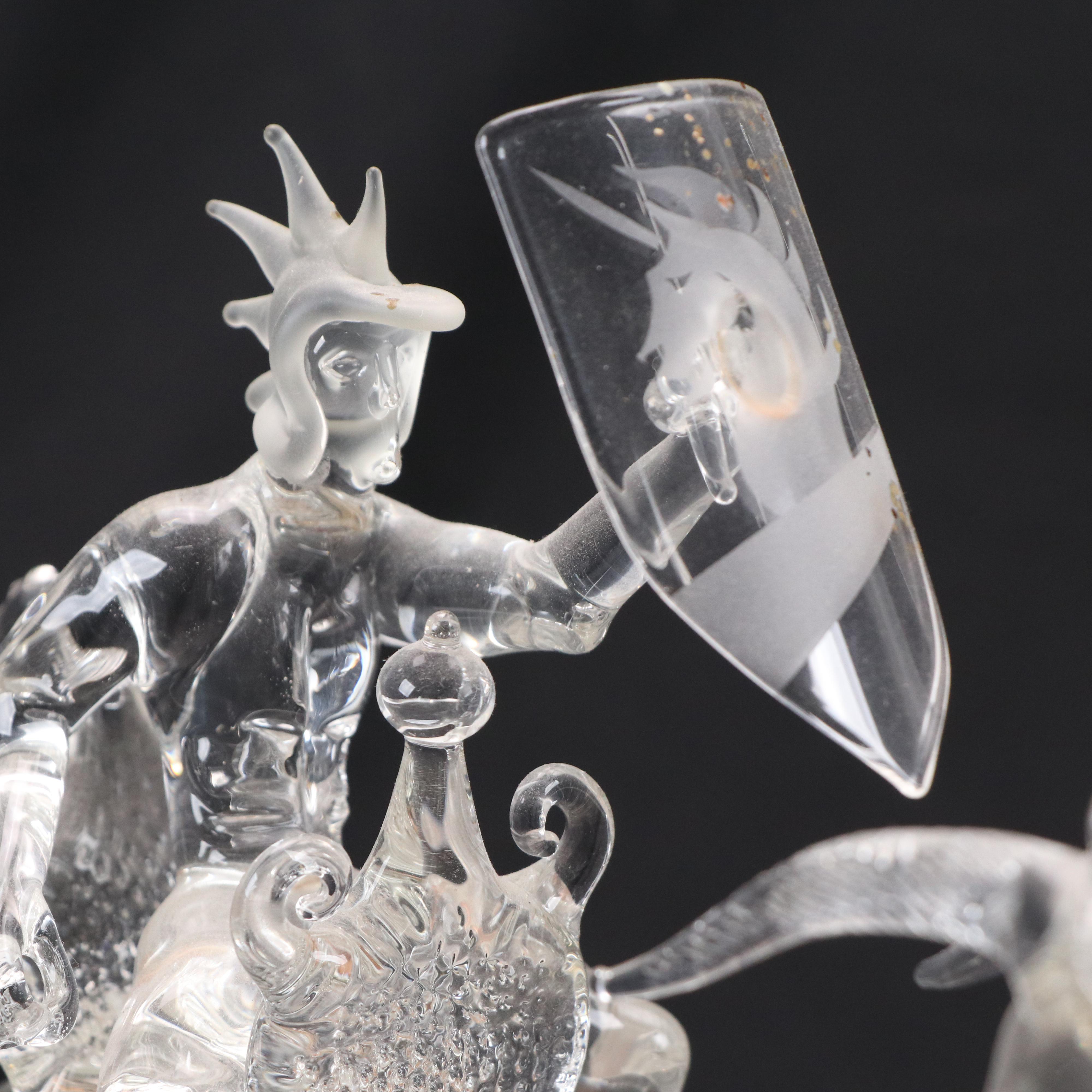 Warren Hooper Fantasy Dragon Warrior Glass Sculpture, 1985