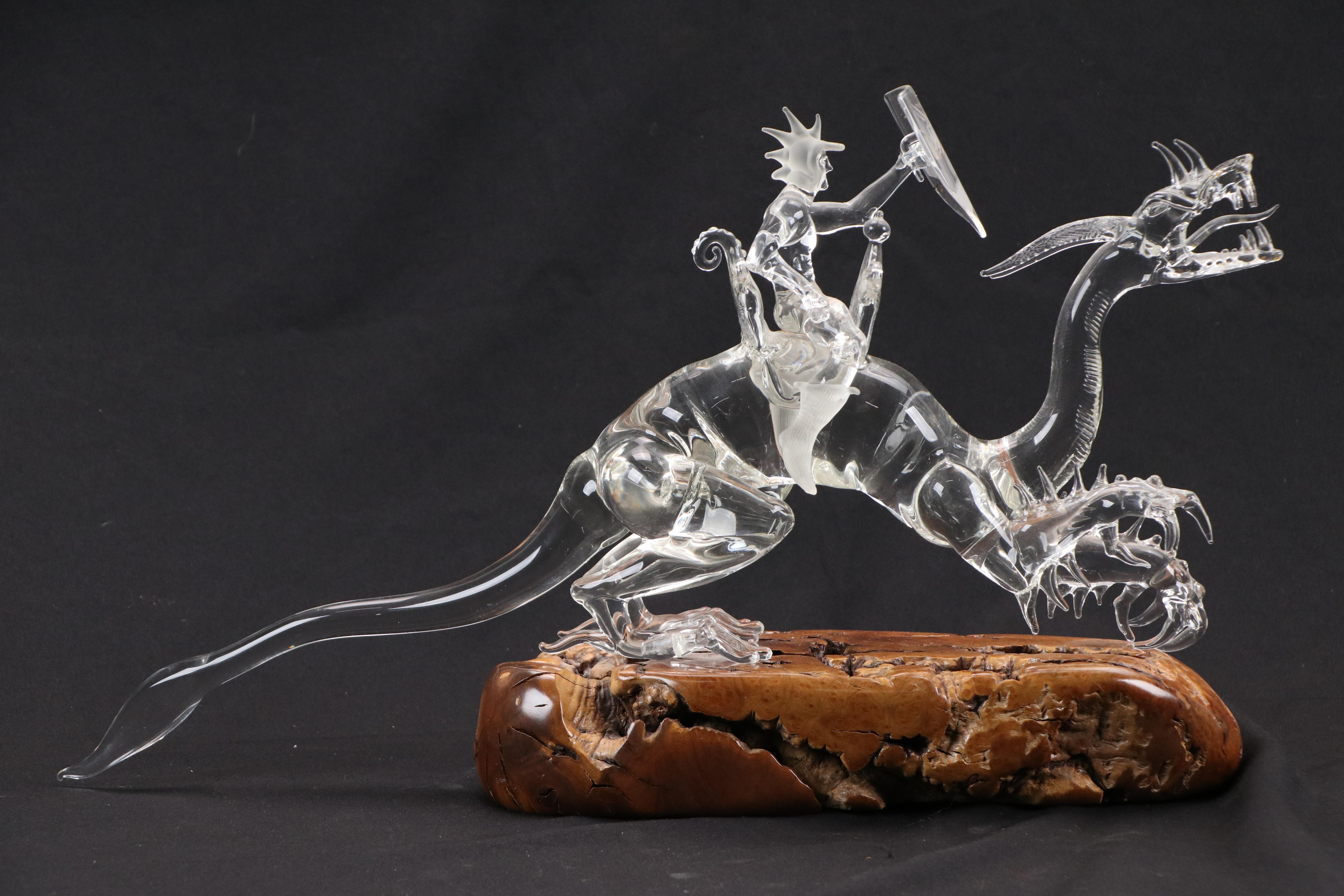 Warren Hooper Fantasy Dragon Warrior Glass Sculpture, 1985