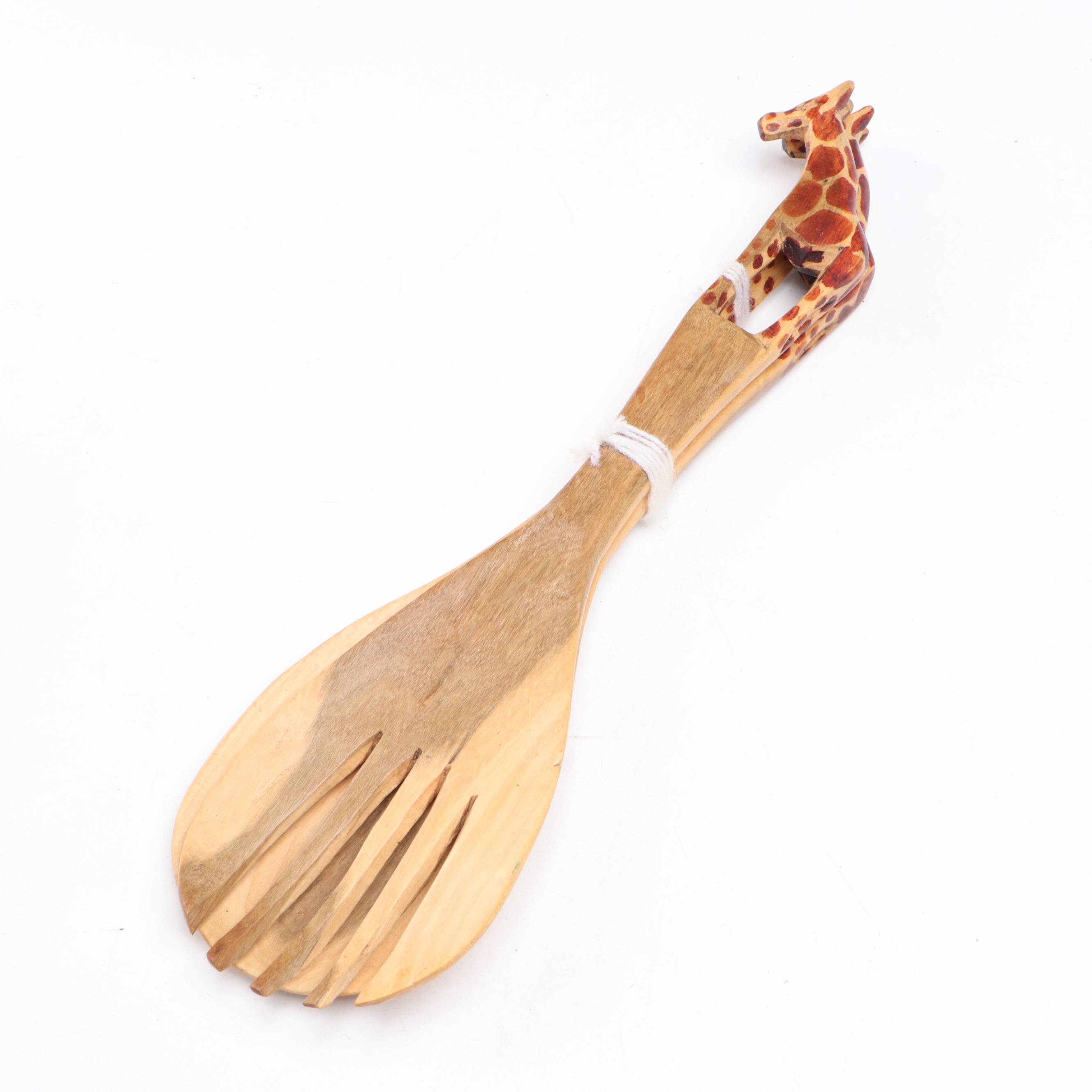 Manex Filipino Carved Wood Bowls with Giraffe Salad Serving Set