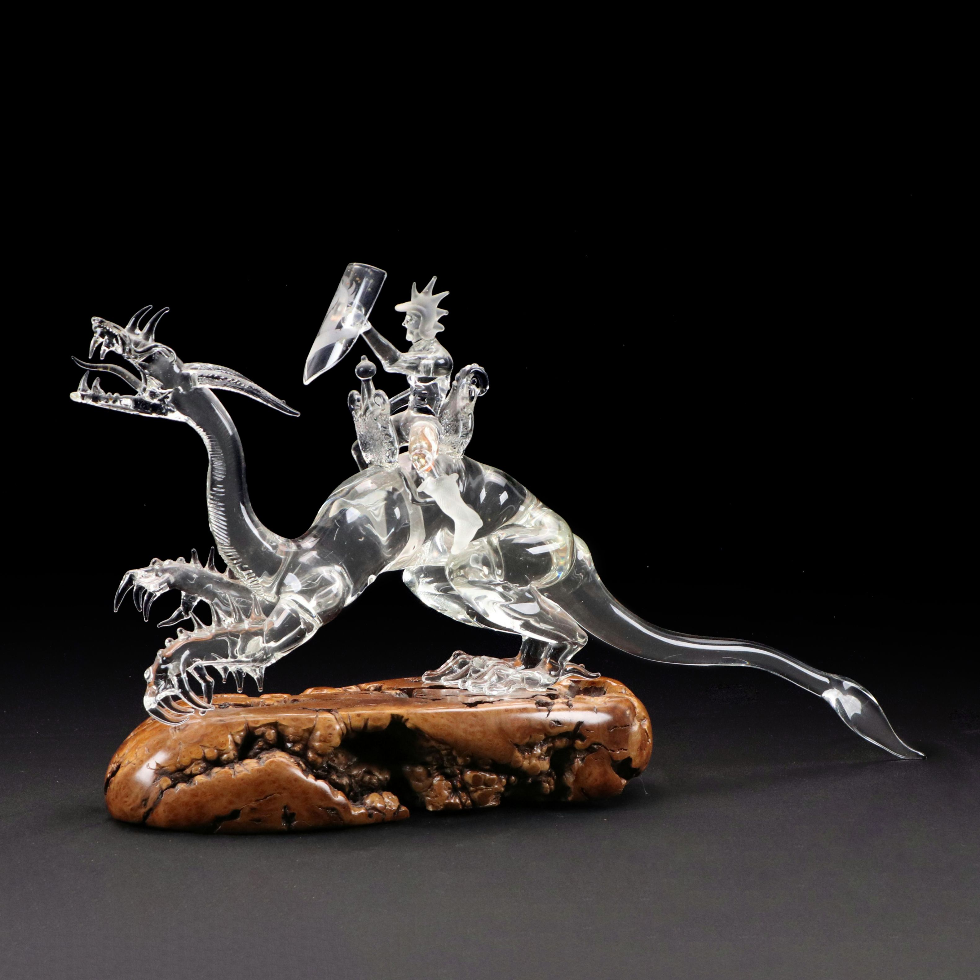 Warren Hooper Fantasy Dragon Warrior Glass Sculpture, 1985