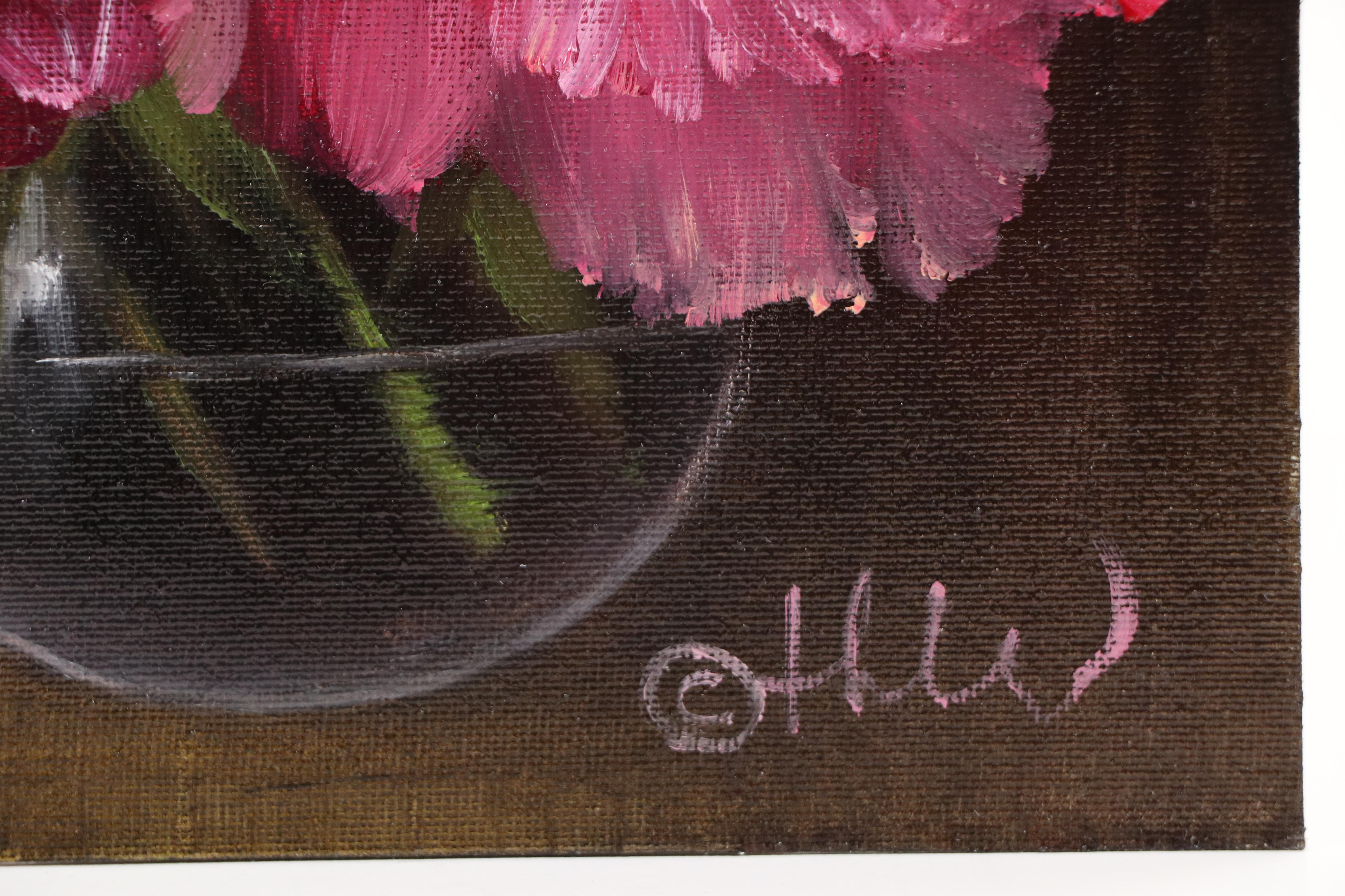 Thu-Thuy Tran Floral Oil Painting "Glass Vase, Deep Pink Peonies," 2025